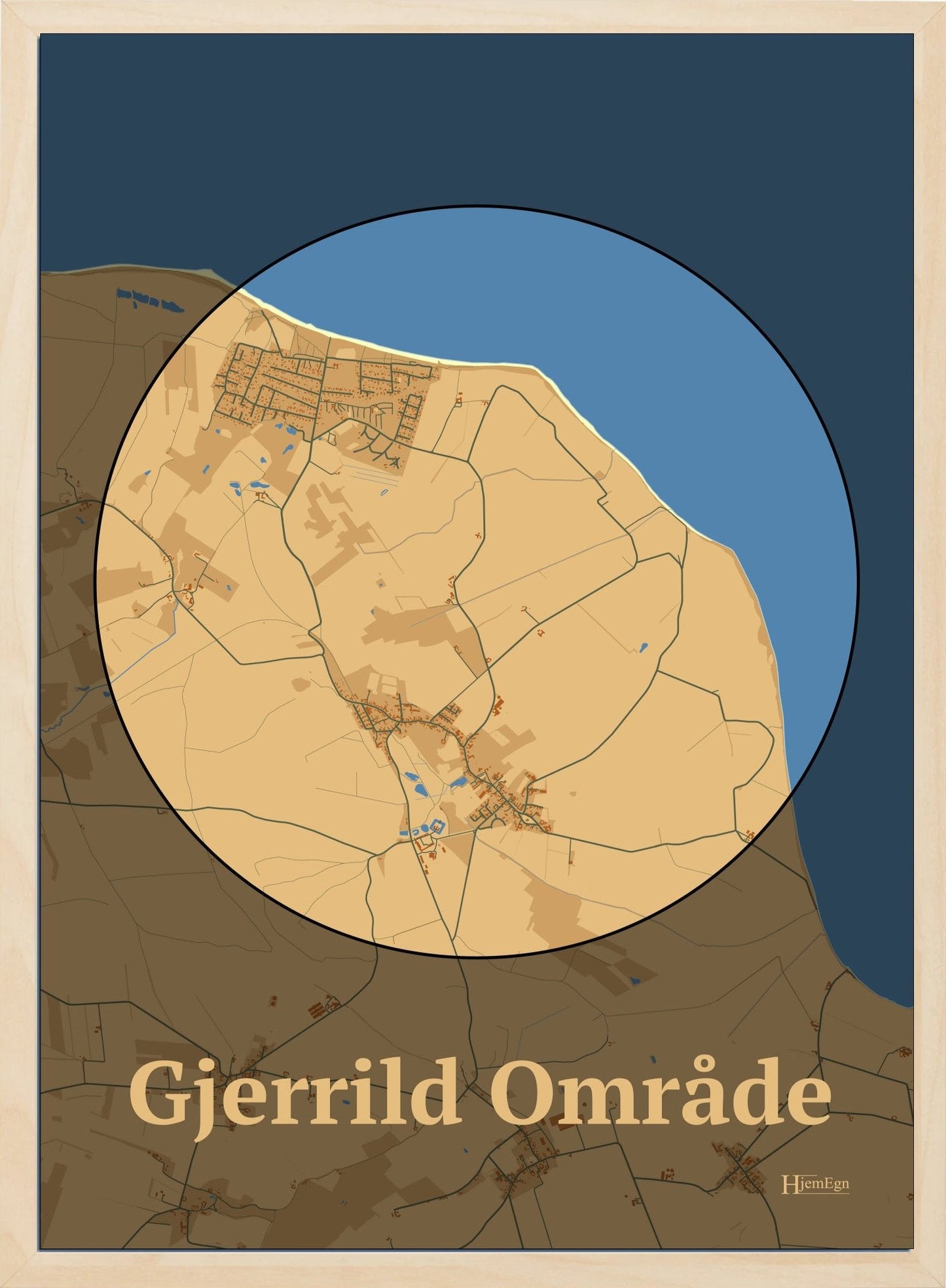 Gjerrild Område plakat i farve pastel brun og HjemEgn.dk design centrum. Design bykort for Gjerrild Område