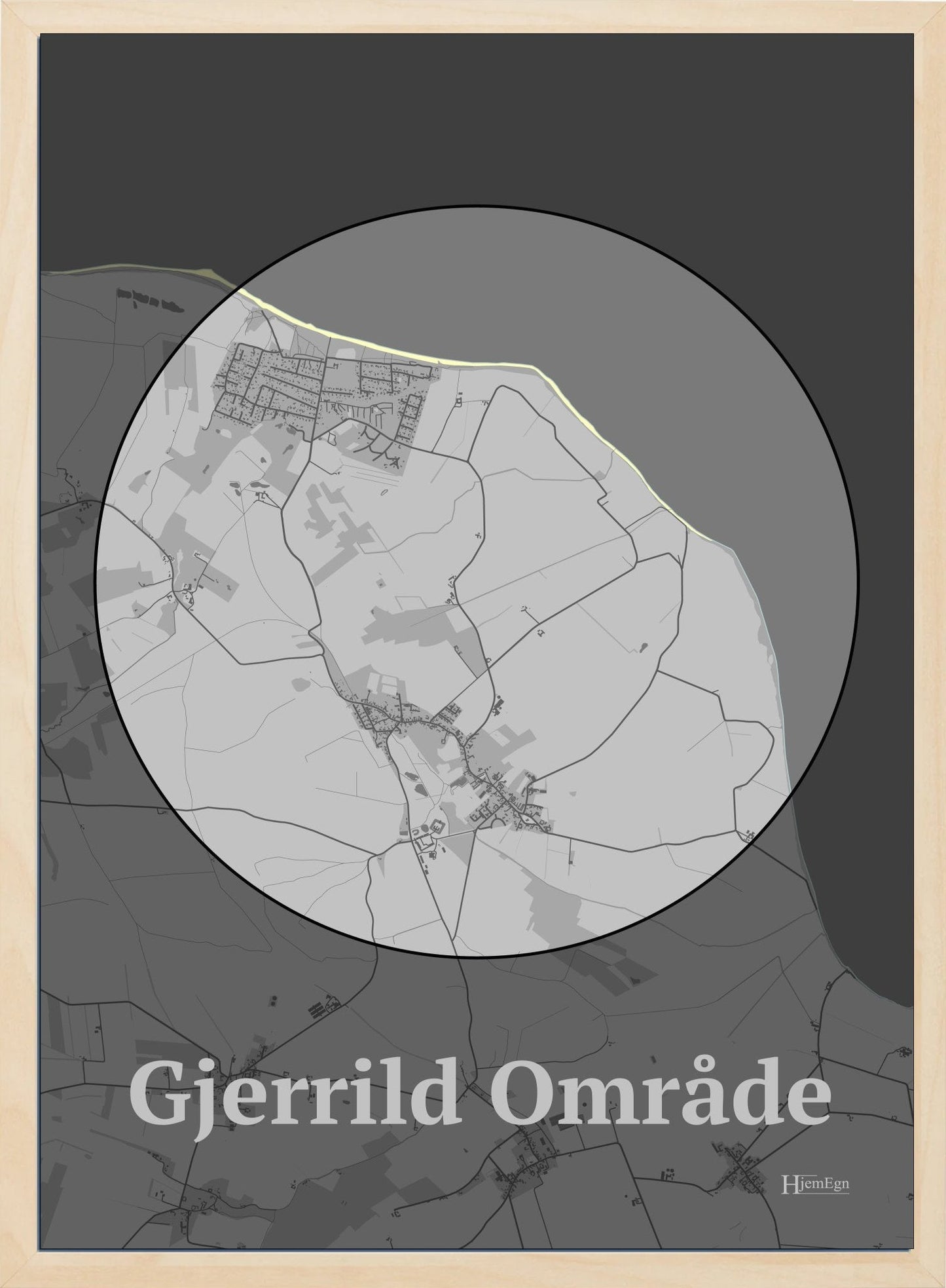 Gjerrild Område plakat i farve pastel grå og HjemEgn.dk design centrum. Design bykort for Gjerrild Område