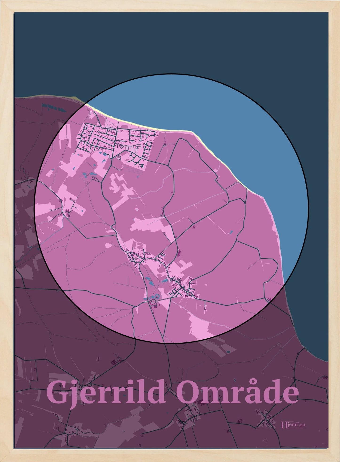 Gjerrild Område plakat i farve pastel rød og HjemEgn.dk design centrum. Design bykort for Gjerrild Område