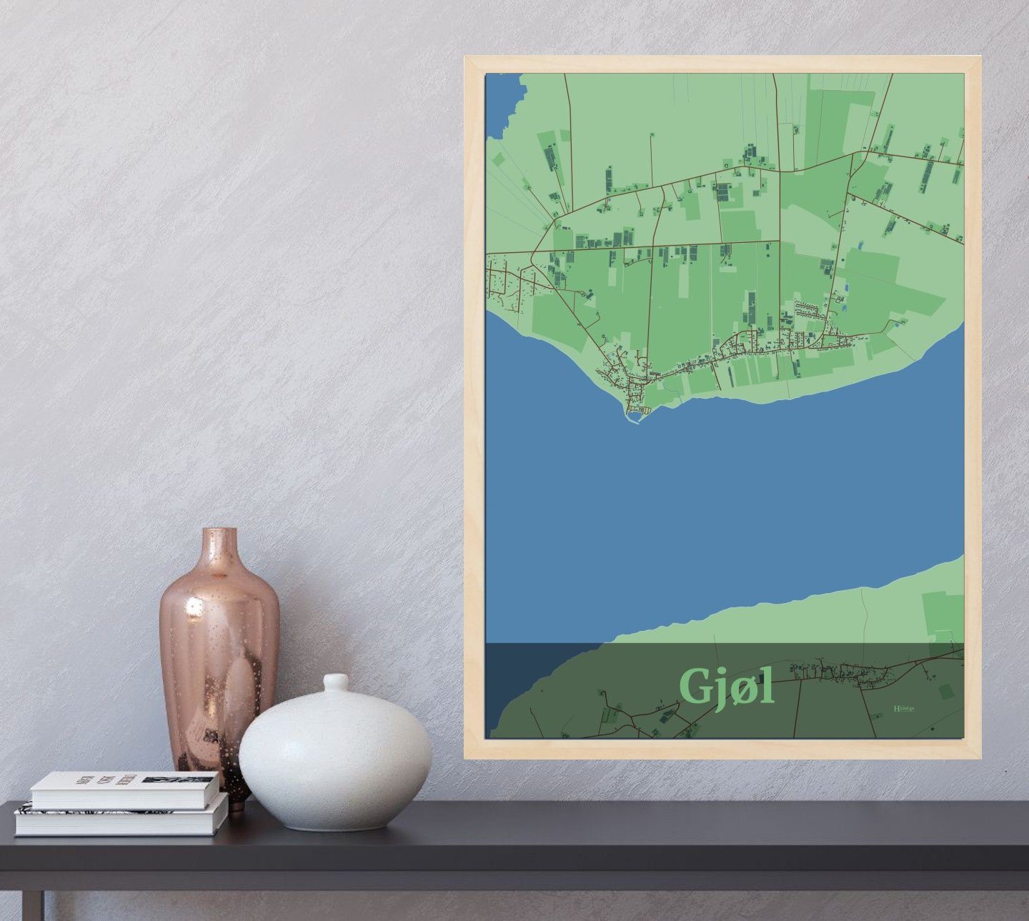 Gjøl plakat med HjemEgn.dk design firkantet. Design bykort for Gjøl