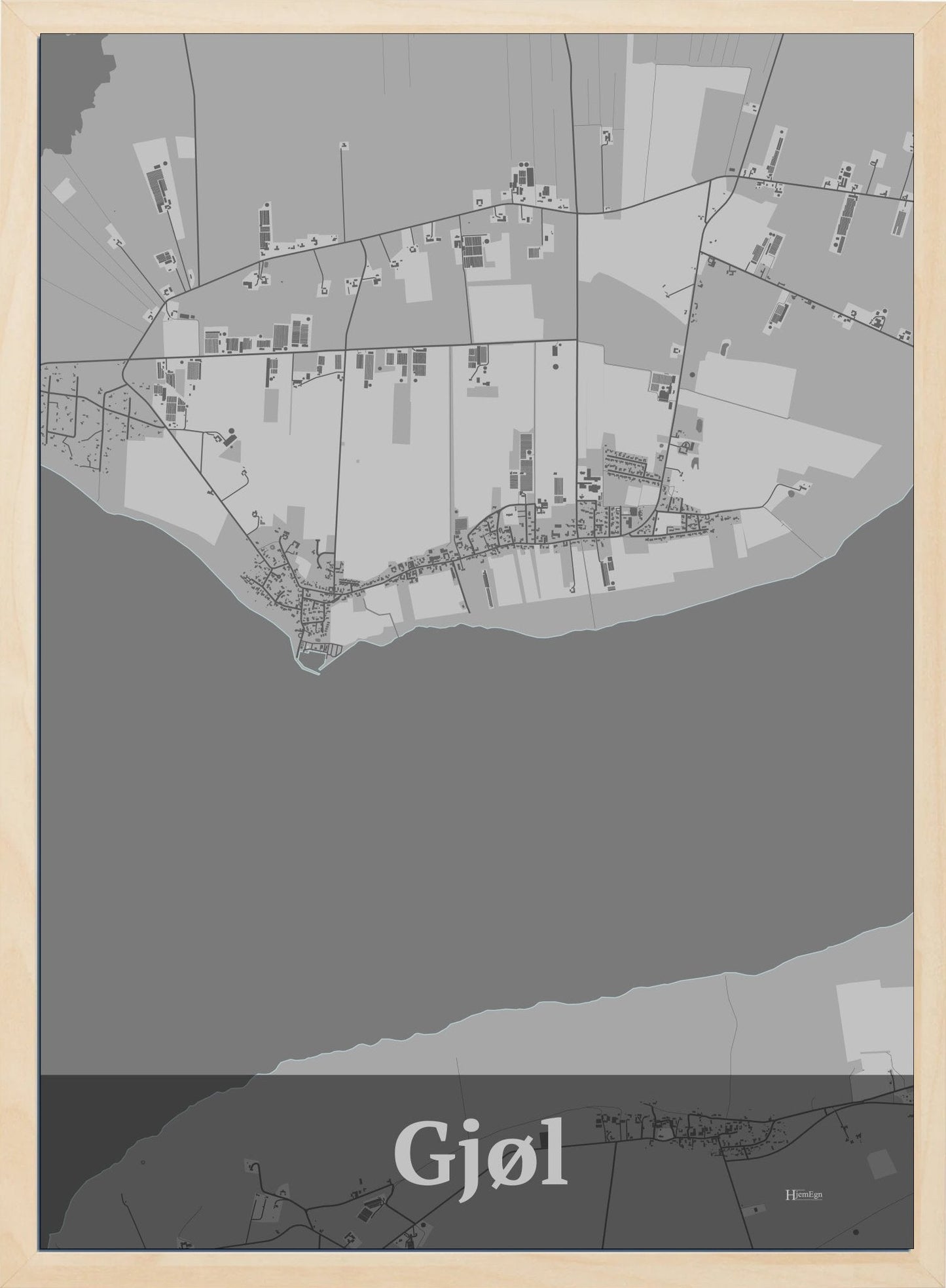 Gjøl plakat i pastel grå og HjemEgn.dk design firkantet. Design bykort for Gjøl