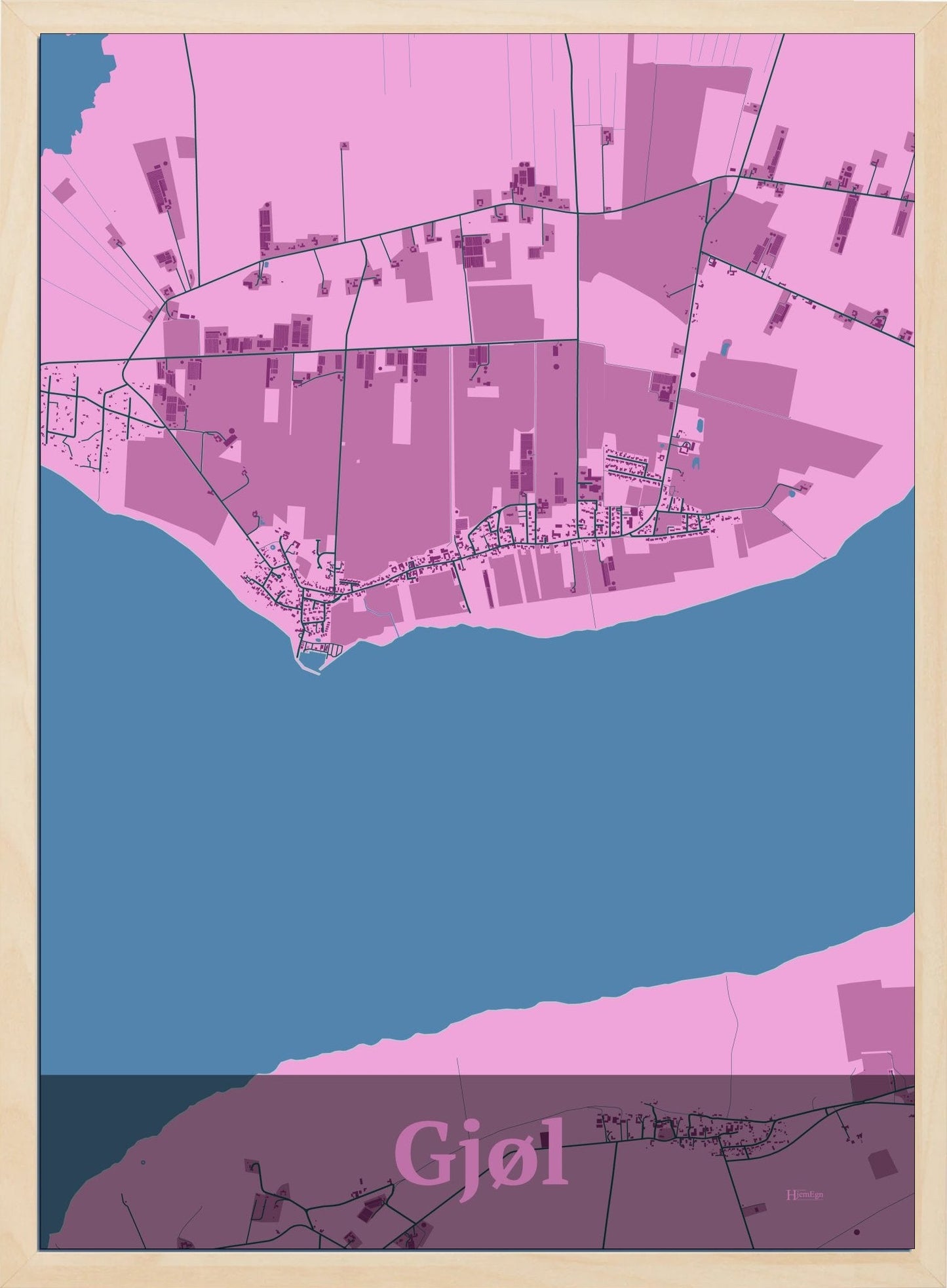 Gjøl plakat i pastel rød og HjemEgn.dk design firkantet. Design bykort for Gjøl