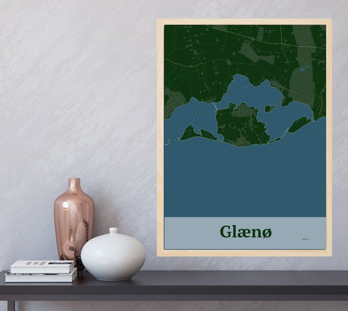 Glænø plakat i farve og HjemEgn.dk design firkantet. Design ø-kort for Glænø