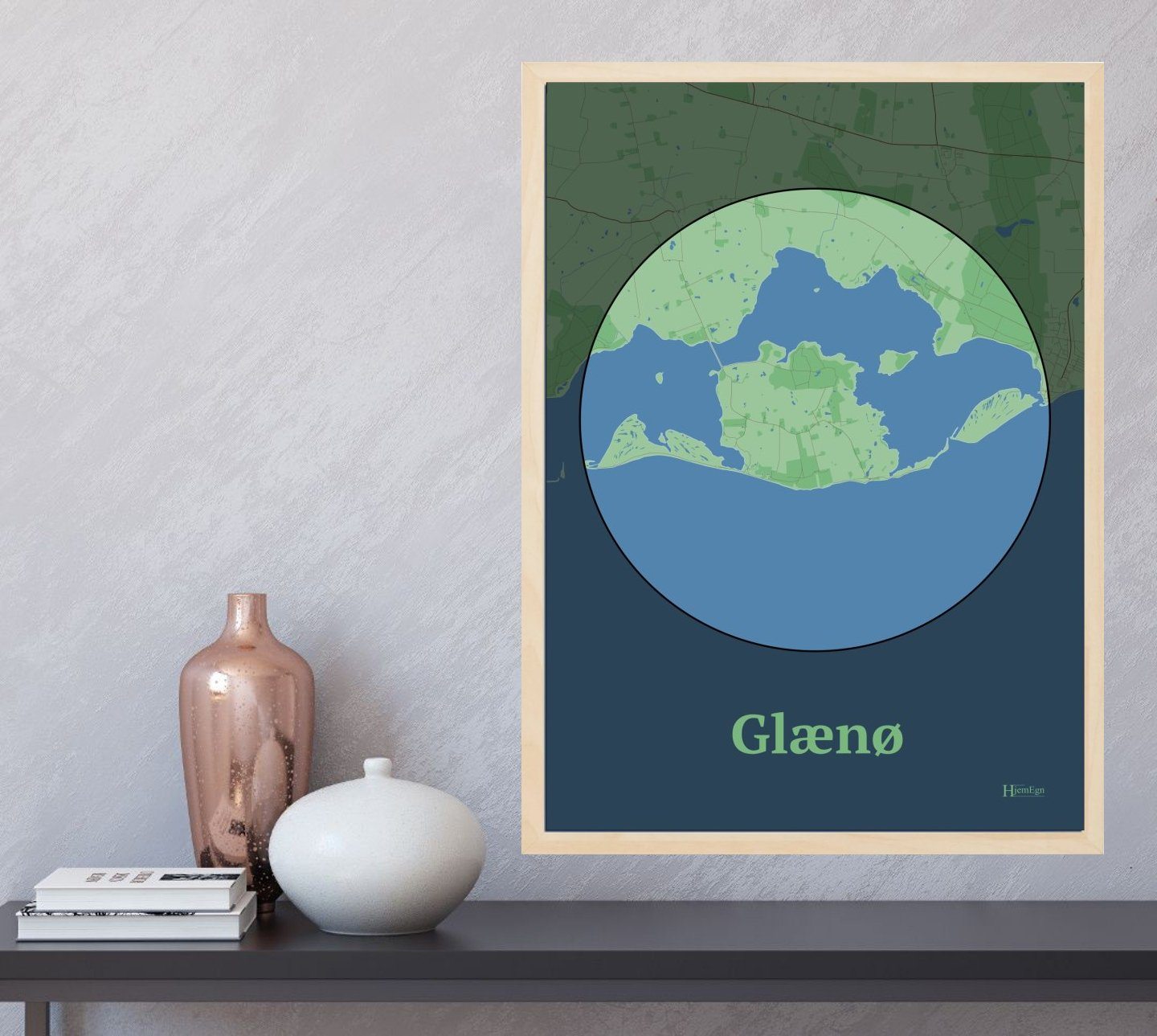 Glænø plakat i farve og HjemEgn.dk design centrum. Design ø-kort for Glænø