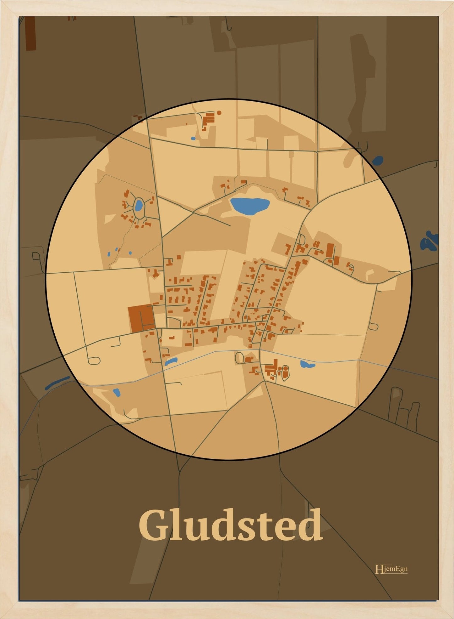 Gludsted plakat i farve pastel brun og HjemEgn.dk design centrum. Design bykort for Gludsted