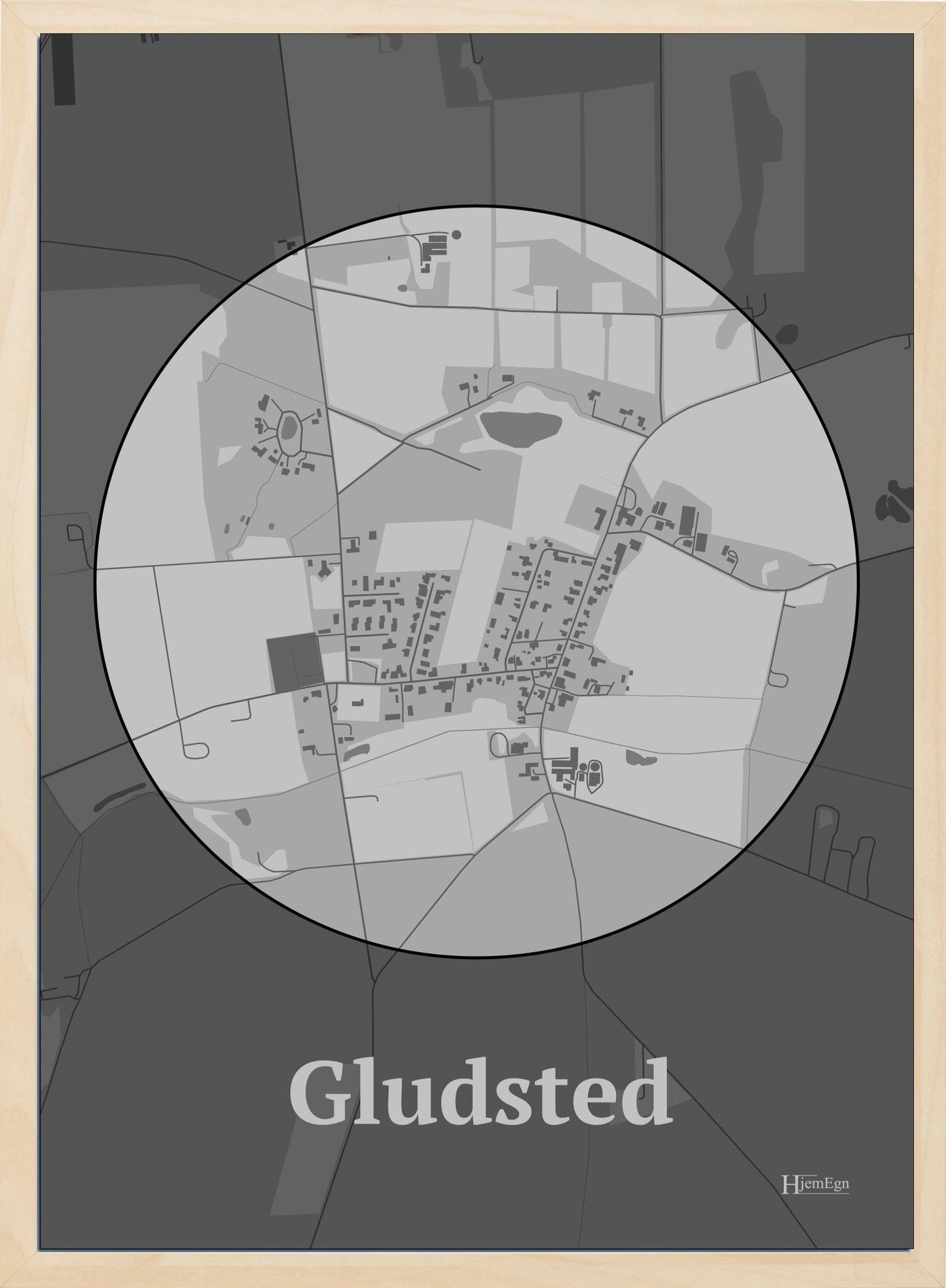 Gludsted plakat i farve pastel grå og HjemEgn.dk design centrum. Design bykort for Gludsted