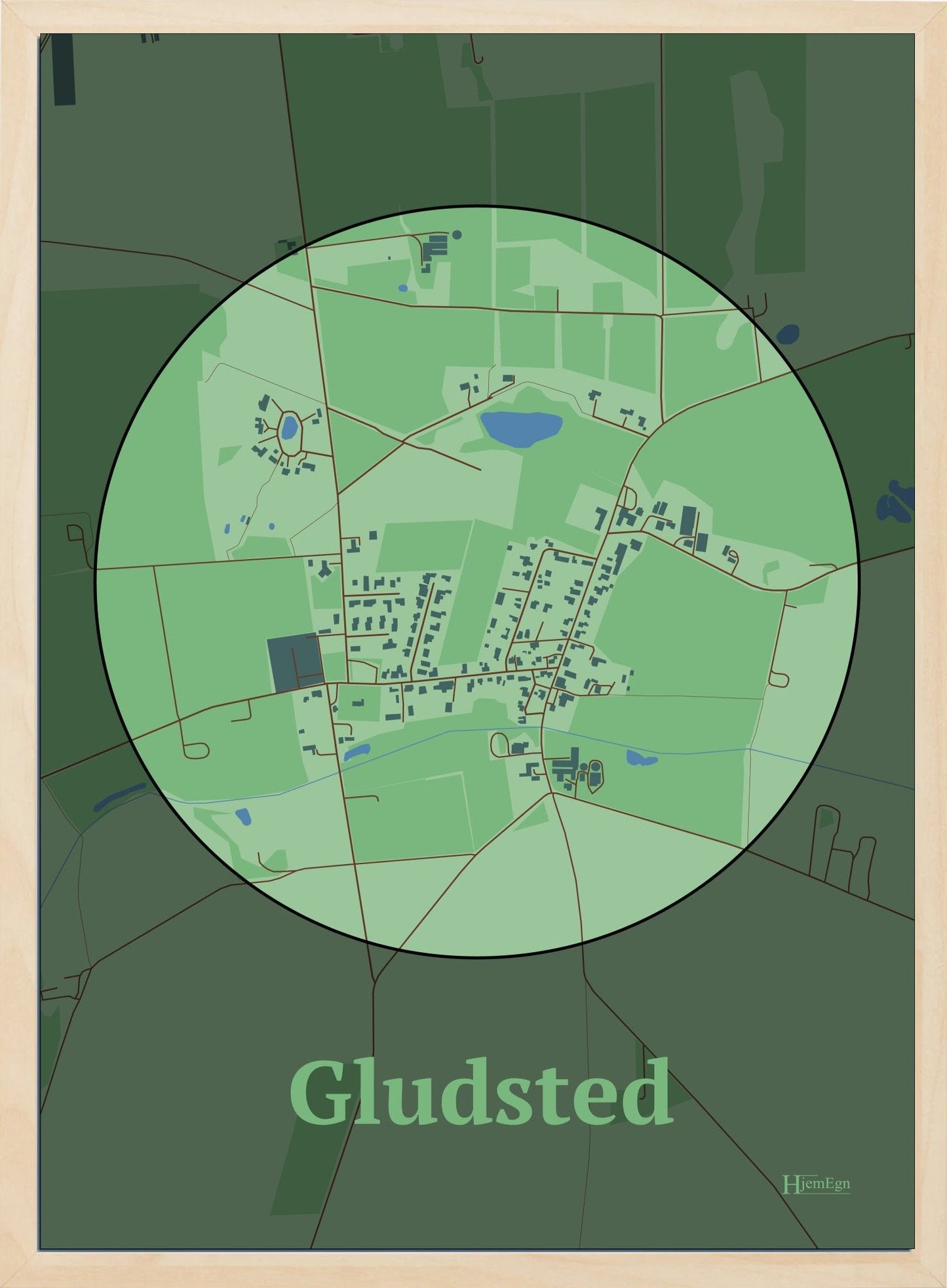 Gludsted plakat i farve pastel grøn og HjemEgn.dk design centrum. Design bykort for Gludsted