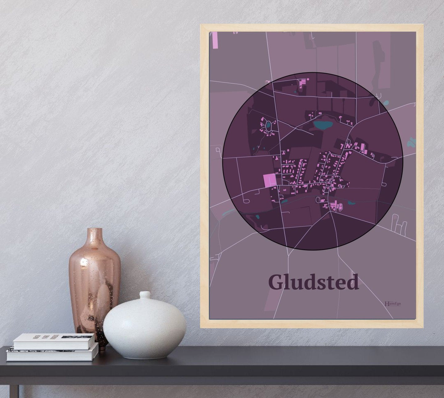 Gludsted plakat i farve og HjemEgn.dk design centrum. Design bykort for Gludsted
