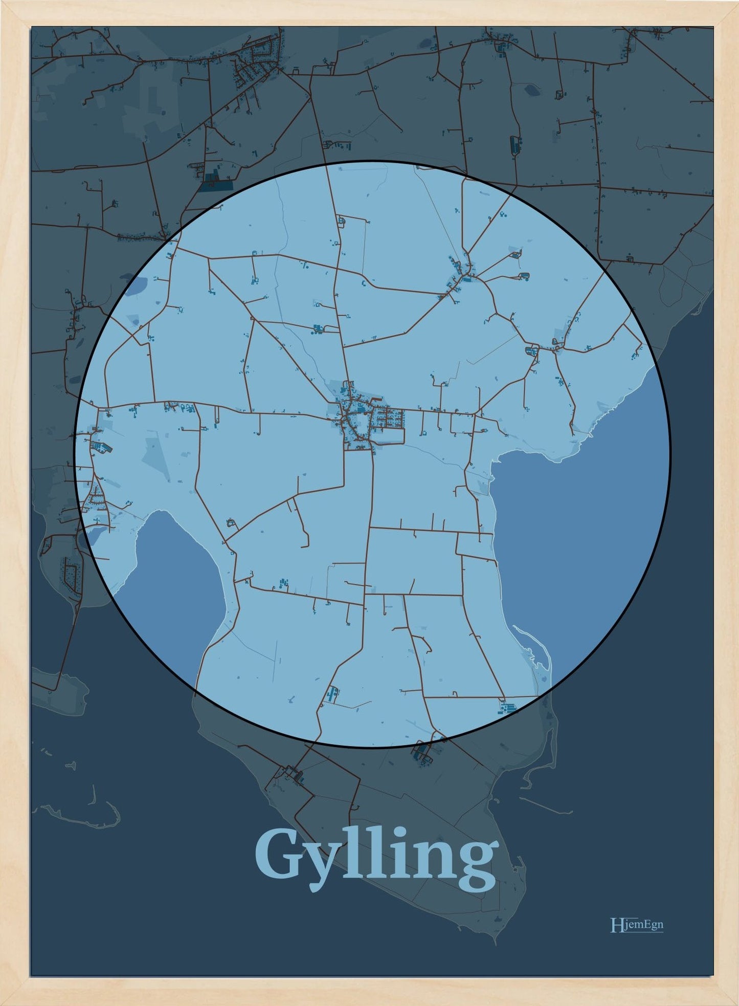 Gylling plakat i farve pastel blå og HjemEgn.dk design centrum. Design bykort for Gylling