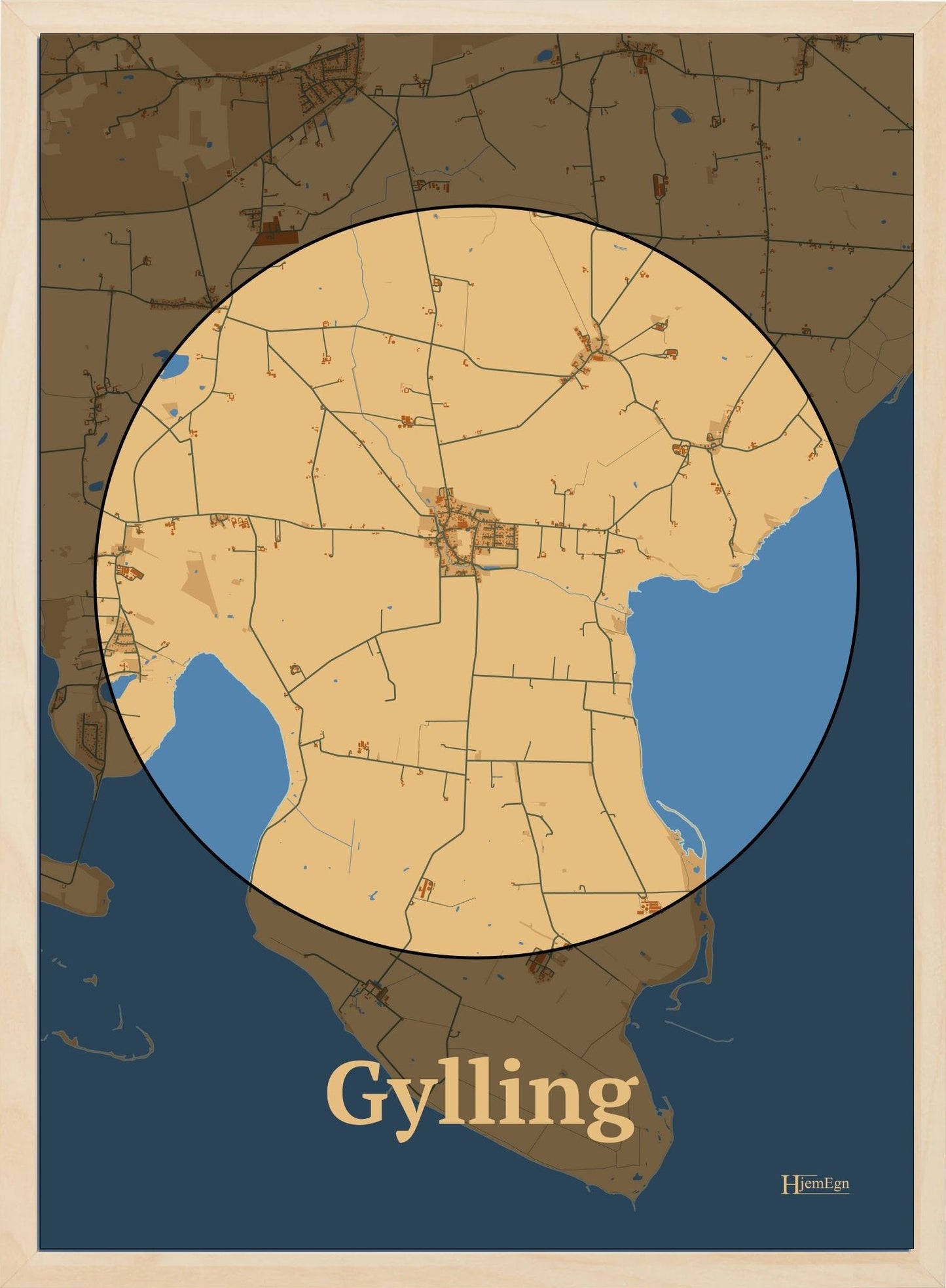 Gylling plakat i farve pastel brun og HjemEgn.dk design centrum. Design bykort for Gylling