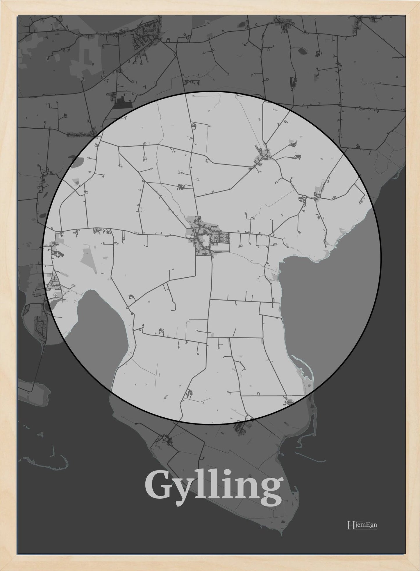 Gylling plakat i farve pastel grå og HjemEgn.dk design centrum. Design bykort for Gylling