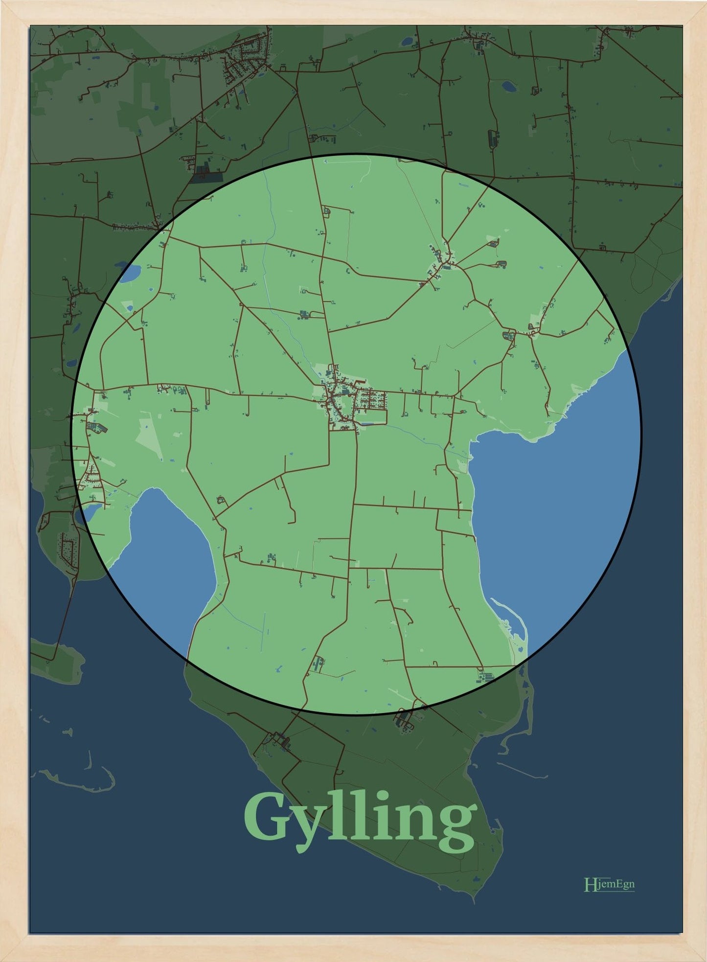 Gylling plakat i farve pastel grøn og HjemEgn.dk design centrum. Design bykort for Gylling