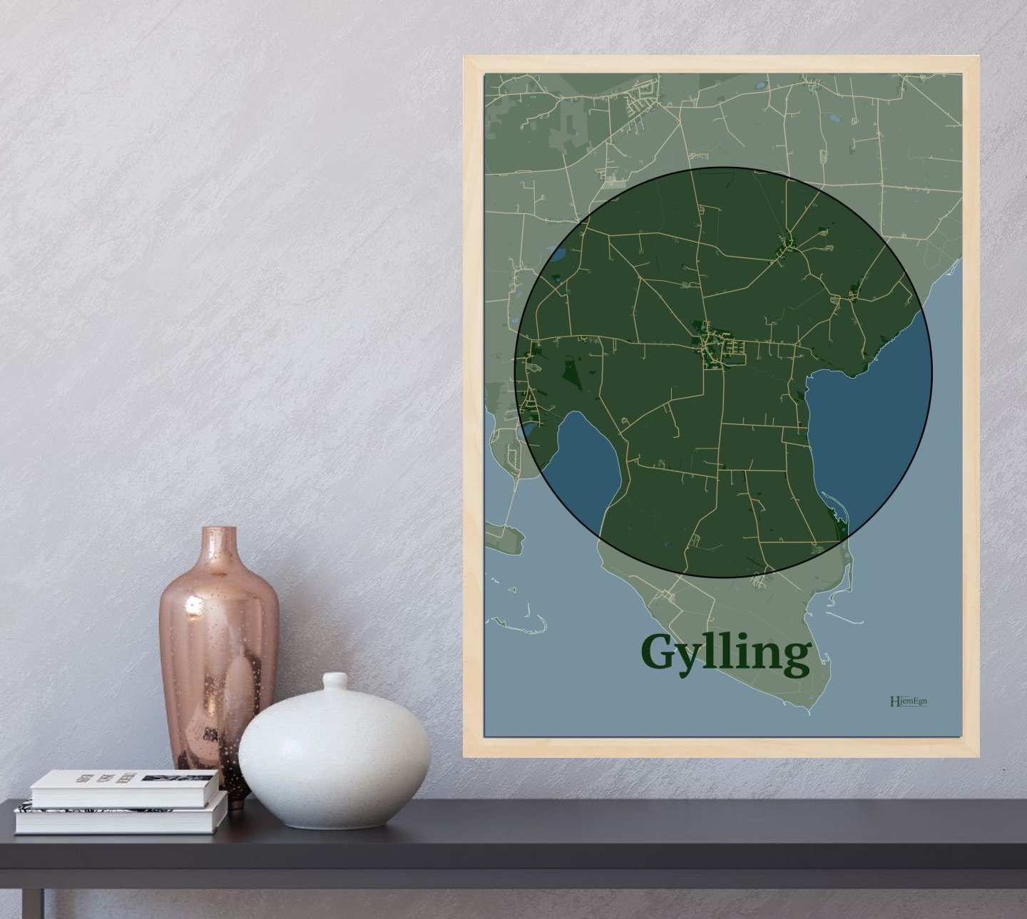 Gylling plakat i farve og HjemEgn.dk design centrum. Design bykort for Gylling