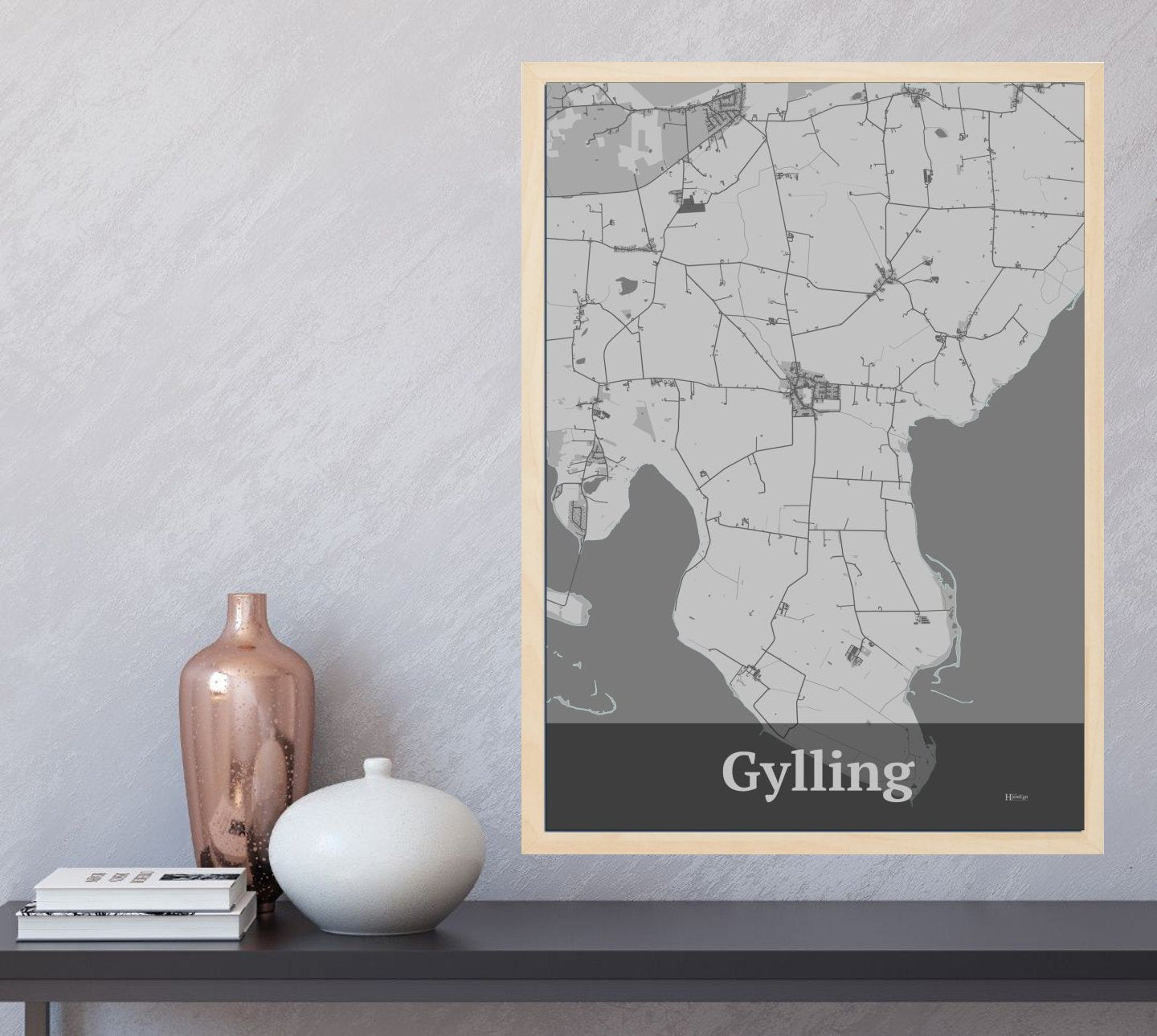 Gylling plakat i farve og HjemEgn.dk design firkantet. Design bykort for Gylling