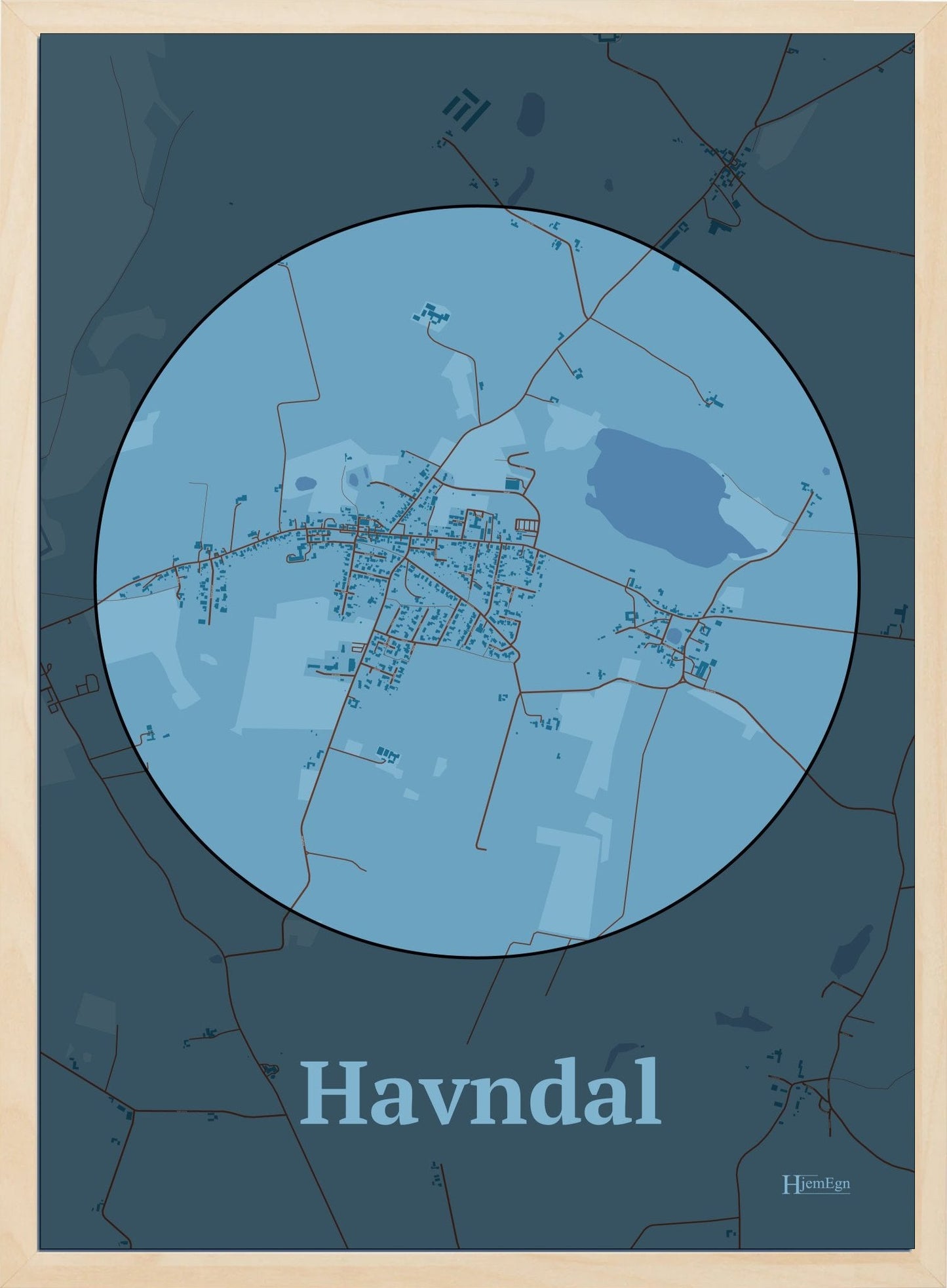 Havndal plakat i farve pastel blå og HjemEgn.dk design centrum. Design bykort for Havndal