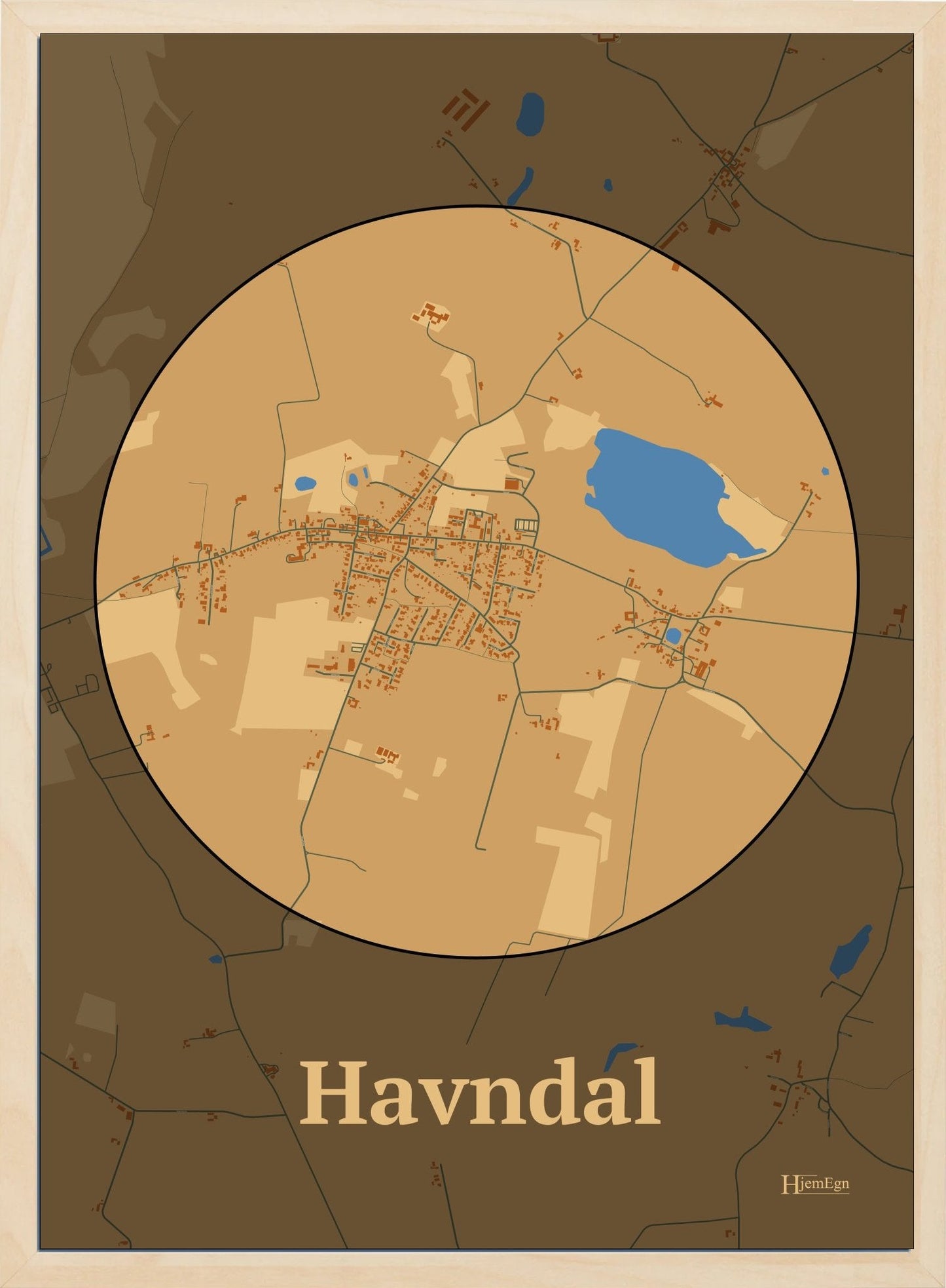 Havndal plakat i farve pastel brun og HjemEgn.dk design centrum. Design bykort for Havndal