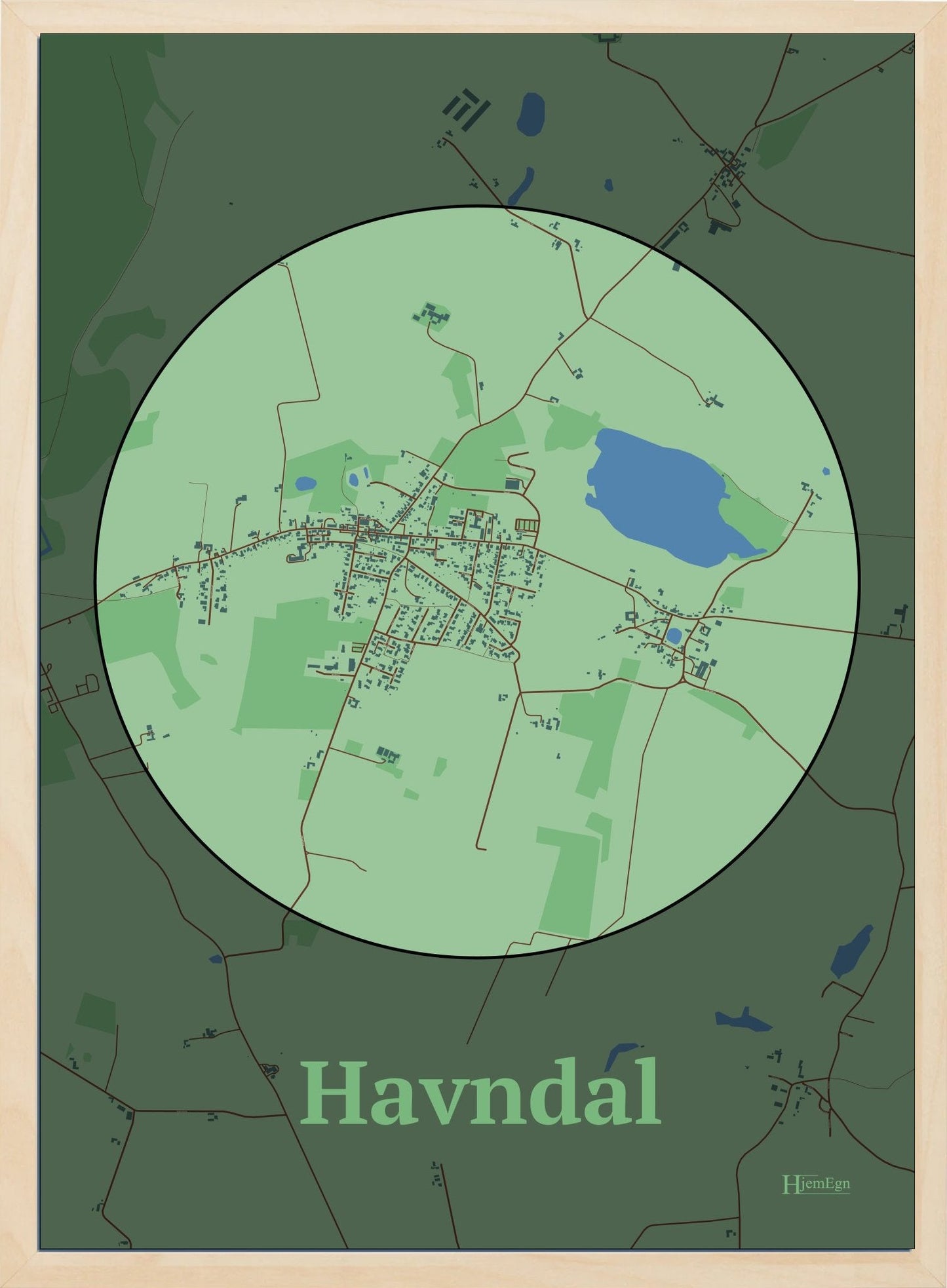 Havndal plakat i farve pastel grøn og HjemEgn.dk design centrum. Design bykort for Havndal