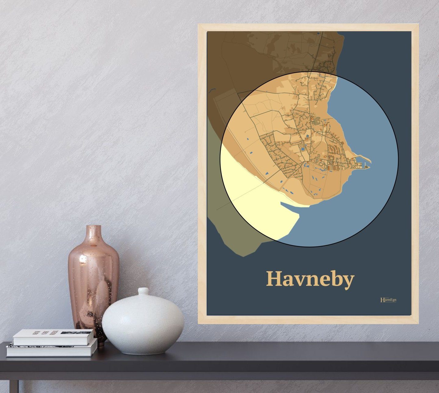 Havneby plakat i farve og HjemEgn.dk design firkantet. Design bykort for Havneby