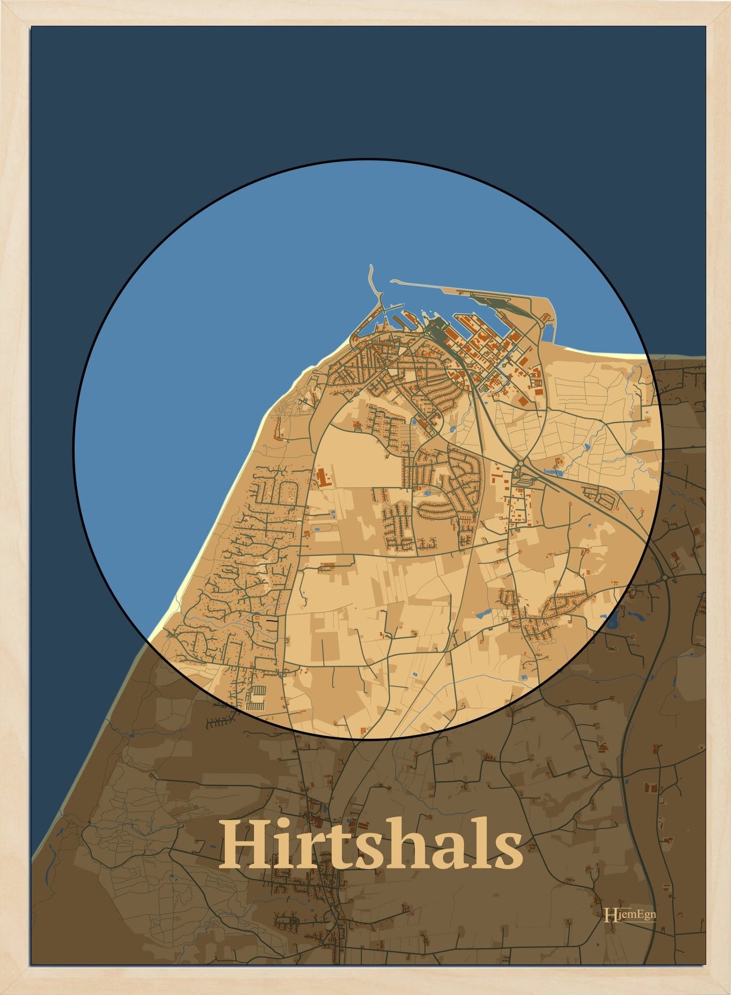 Hirtshals plakat i farve pastel brun og HjemEgn.dk design centrum. Design bykort for Hirtshals