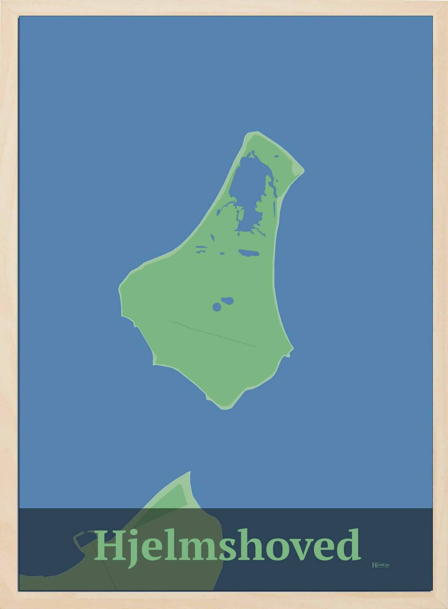 Hjelmshoved plakat i farve pastel grøn og HjemEgn.dk design firkantet. Design ø-kort for Hjelmshoved