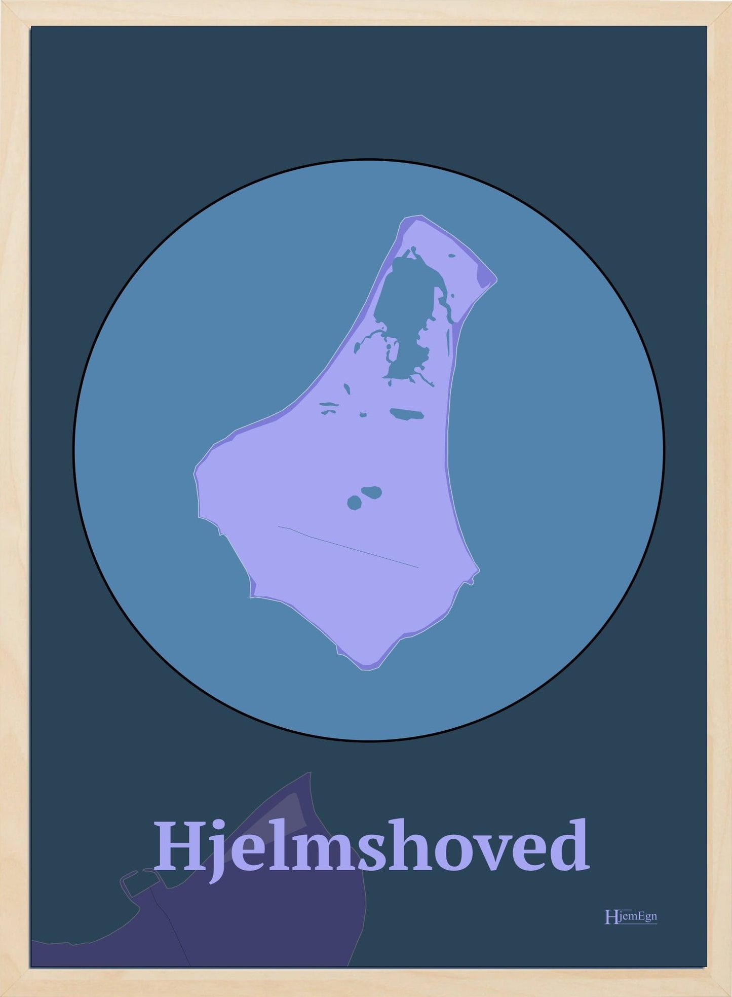 Hjelmshoved plakat i farve pastel lilla og HjemEgn.dk design centrum. Design ø-kort for Hjelmshoved