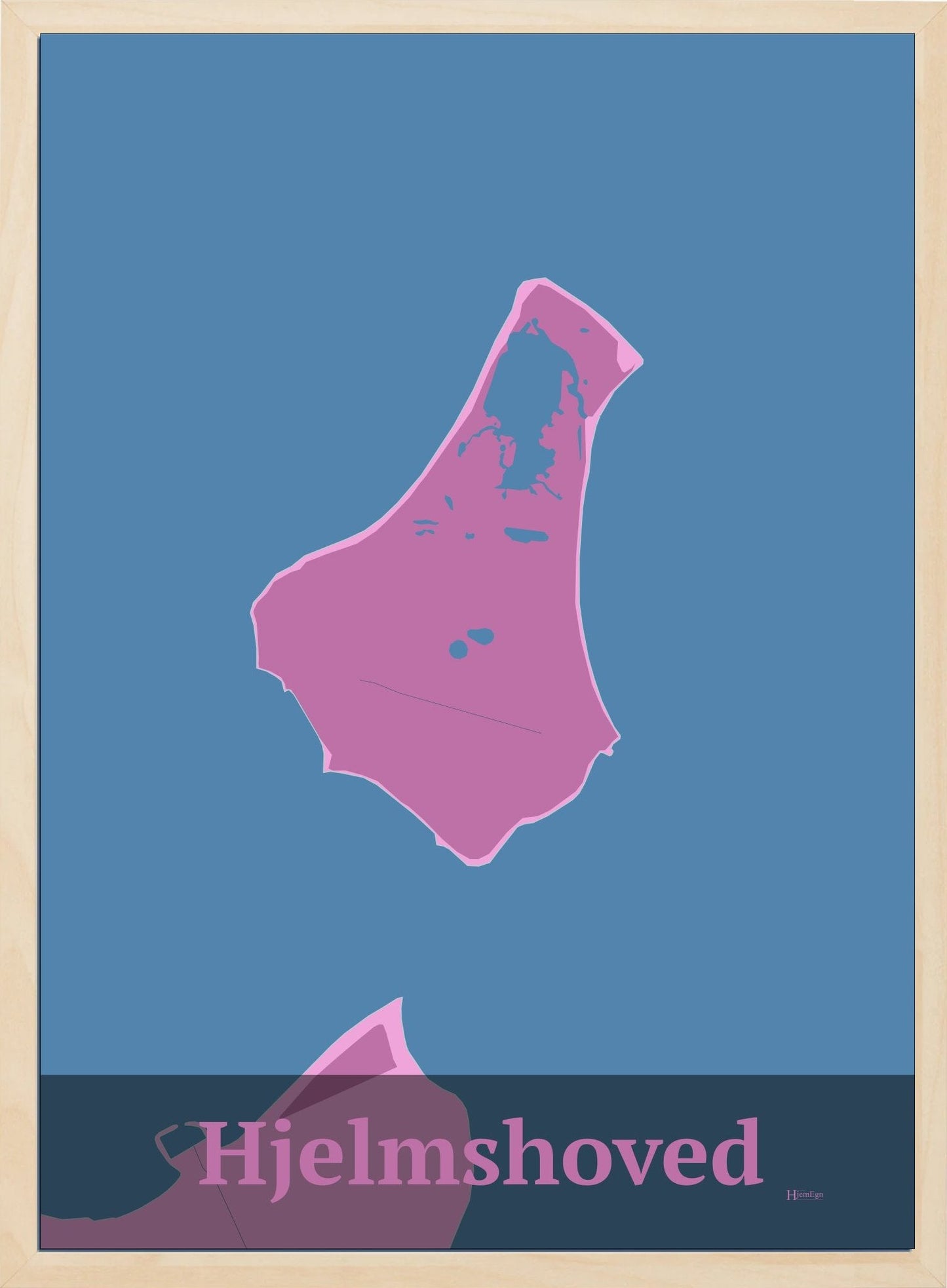 Hjelmshoved plakat i farve pastel rød og HjemEgn.dk design firkantet. Design ø-kort for Hjelmshoved