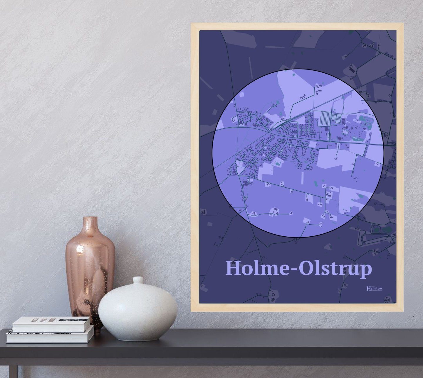 Holme-olstrup plakat i farve og HjemEgn.dk design centrum. Design bykort for Holme-olstrup