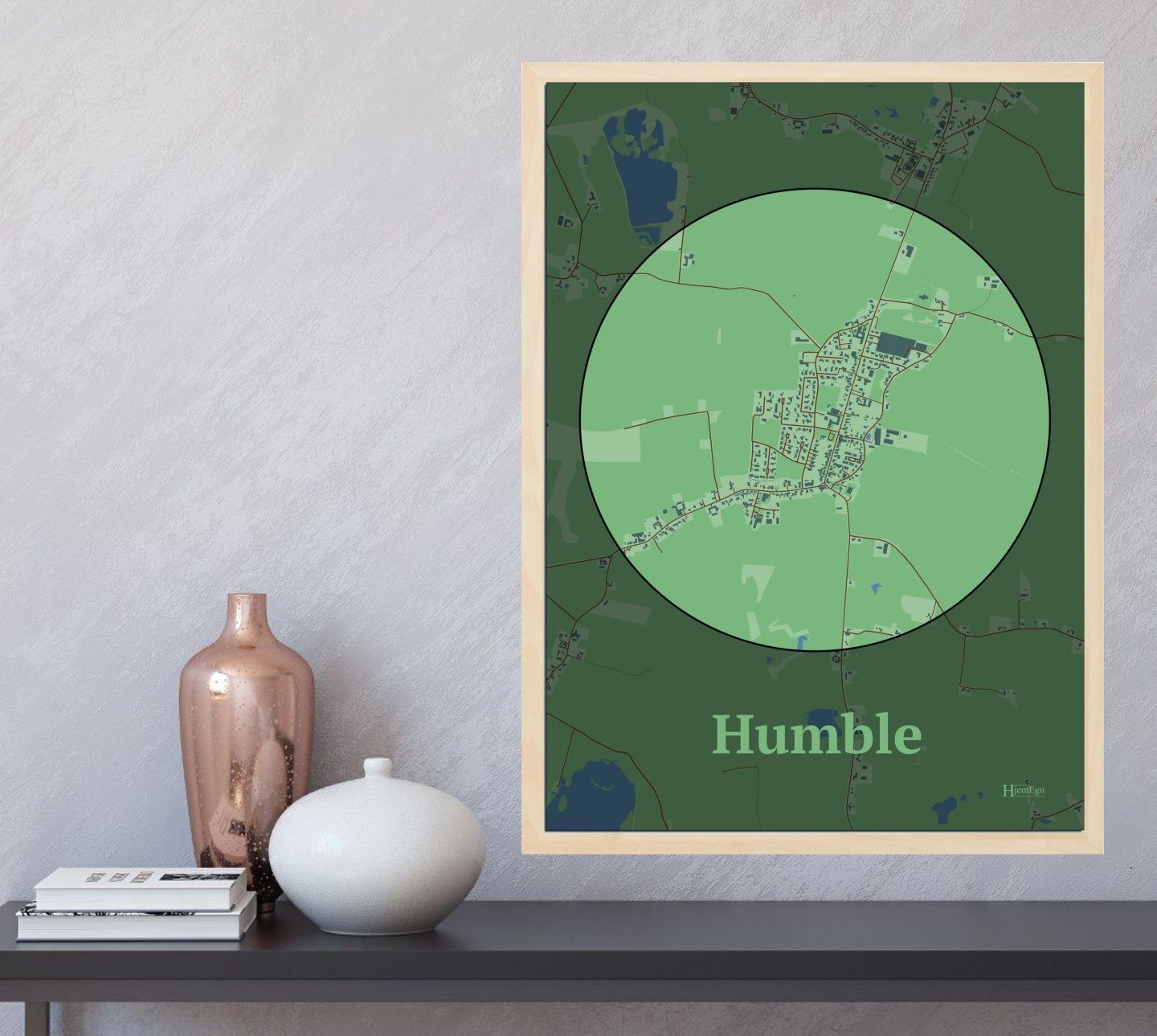 Humble plakat i farve og HjemEgn.dk design centrum. Design bykort for Humble