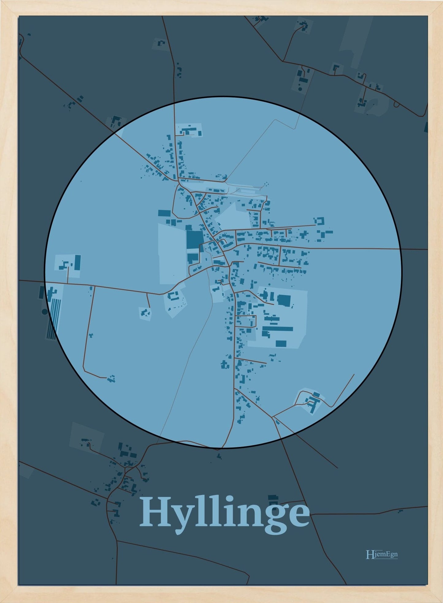 Hyllinge plakat i farve pastel blå og HjemEgn.dk design centrum. Design bykort for Hyllinge