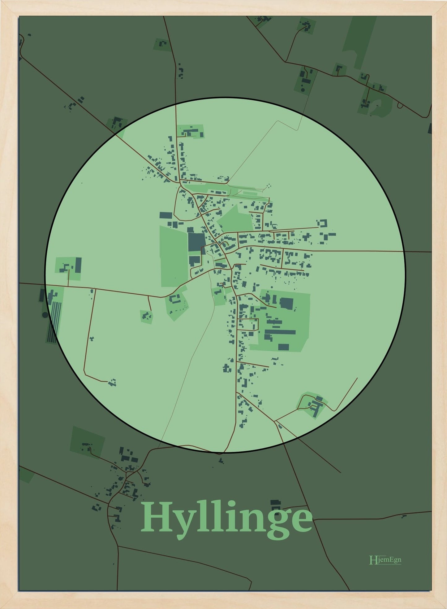 Hyllinge plakat i farve pastel grøn og HjemEgn.dk design centrum. Design bykort for Hyllinge