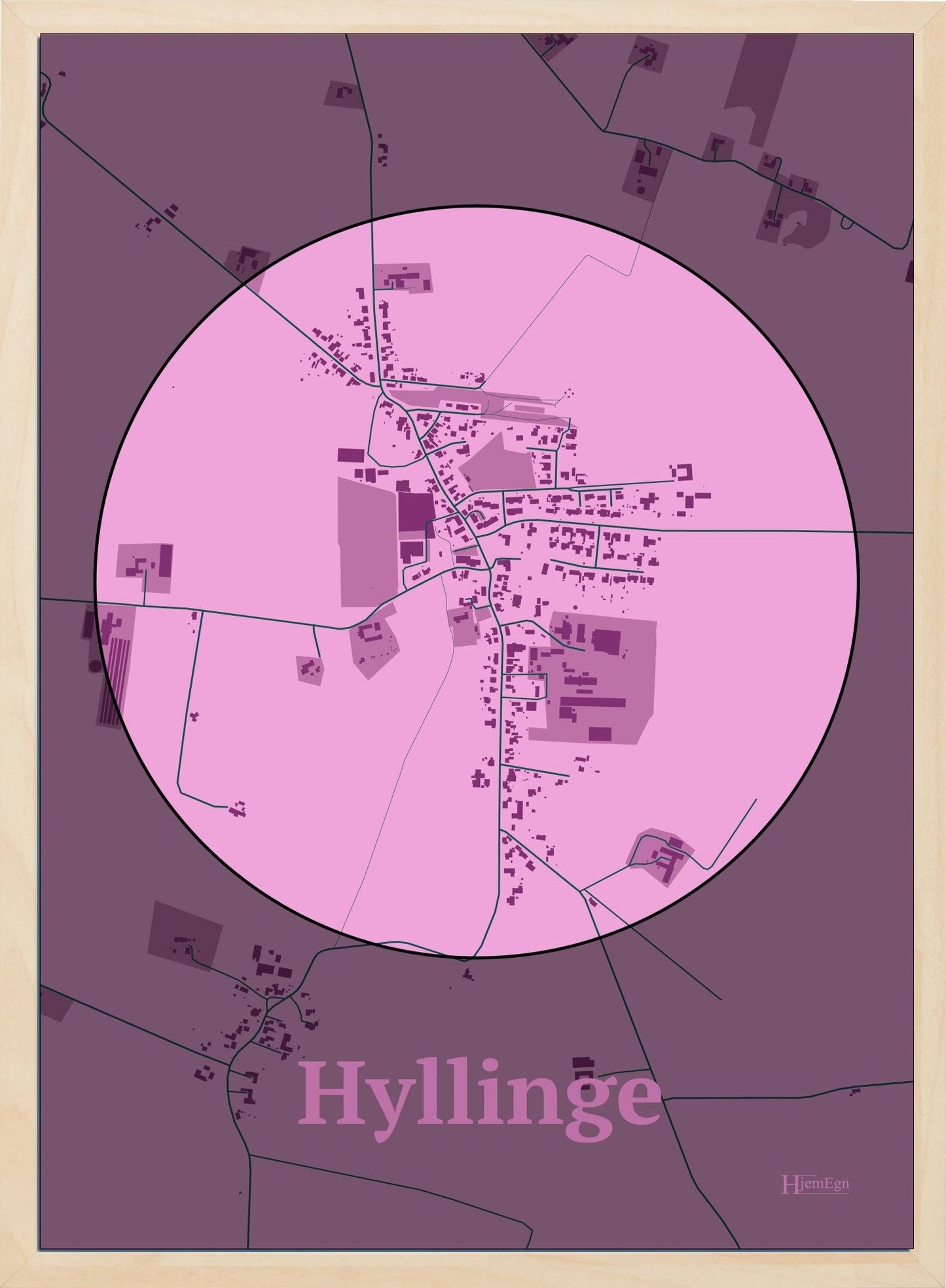 Hyllinge plakat i farve pastel rød og HjemEgn.dk design centrum. Design bykort for Hyllinge