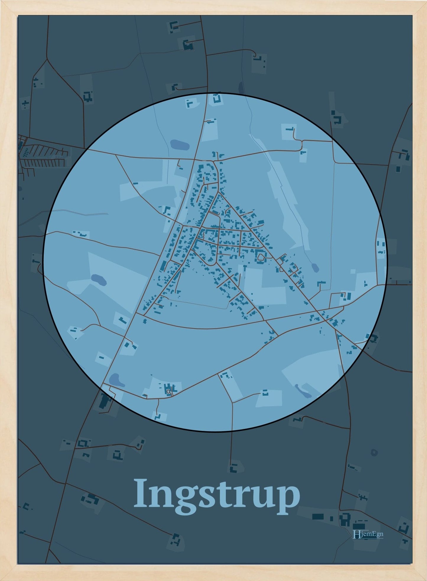 Ingstrup plakat i farve pastel blå og HjemEgn.dk design centrum. Design bykort for Ingstrup