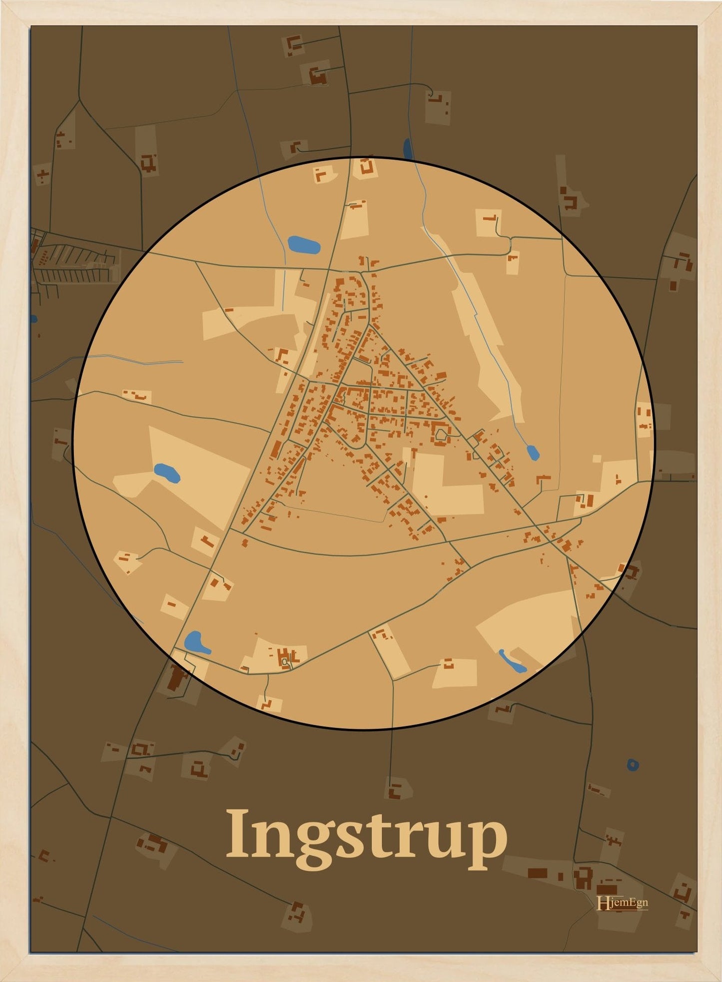 Ingstrup plakat i farve pastel brun og HjemEgn.dk design centrum. Design bykort for Ingstrup