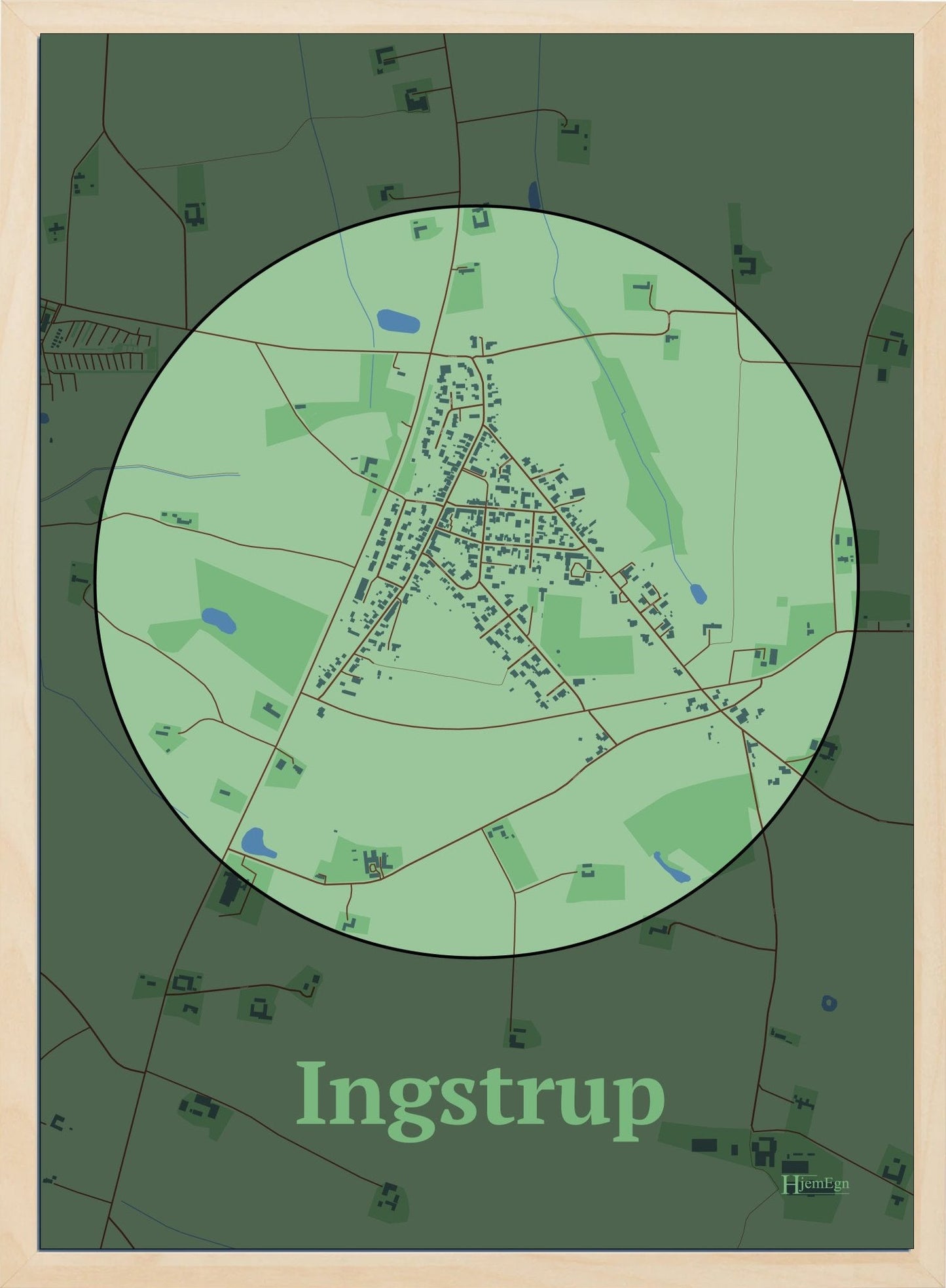 Ingstrup plakat i farve pastel grøn og HjemEgn.dk design centrum. Design bykort for Ingstrup