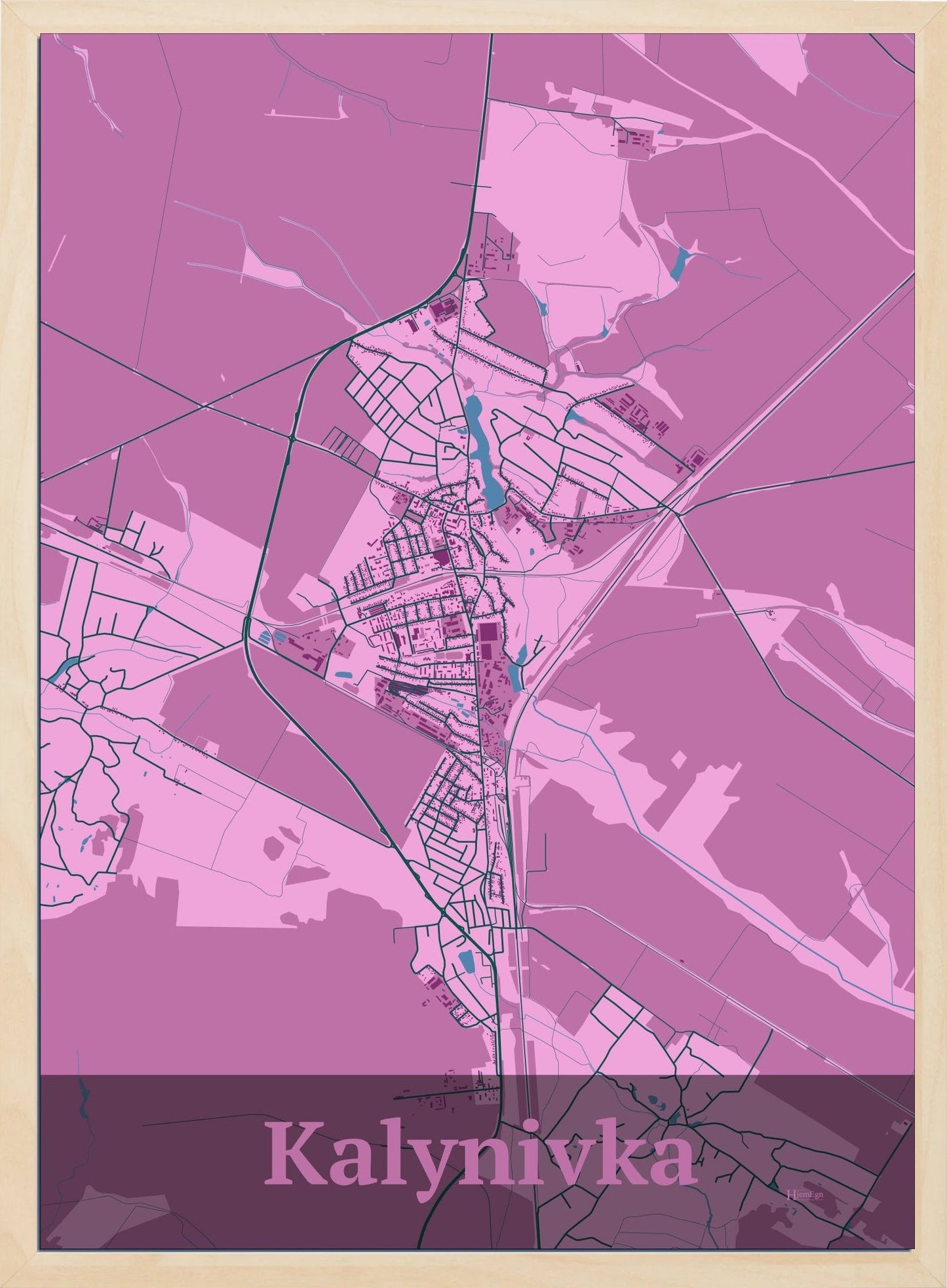 Kalynivka plakat i pastel rød og HjemEgn.dk design firkantet. Design bykort for Kalynivka