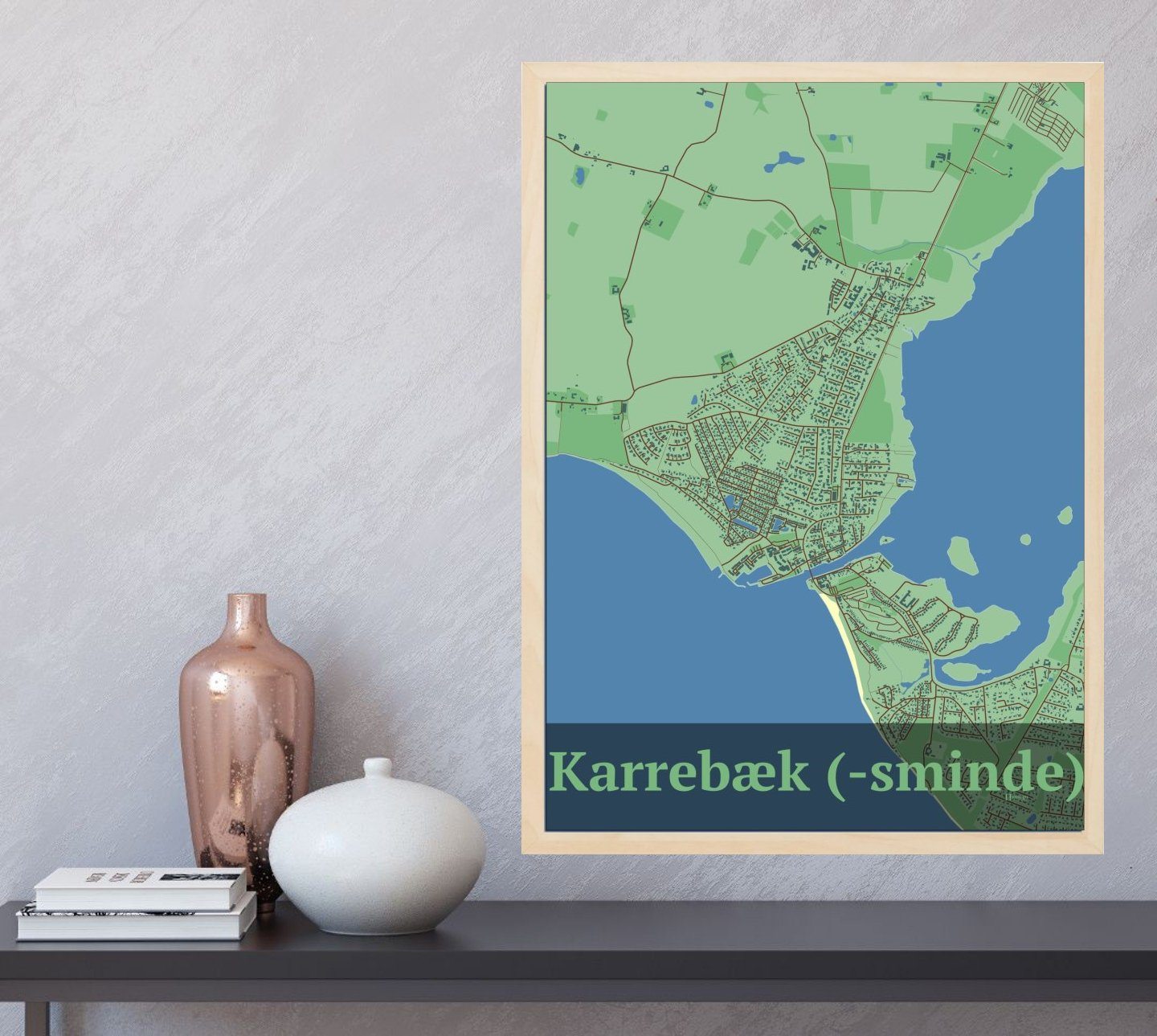 Karrebæk (-sminde) plakat i farve og HjemEgn.dk design firkantet. Design bykort for Karrebæk (-sminde)