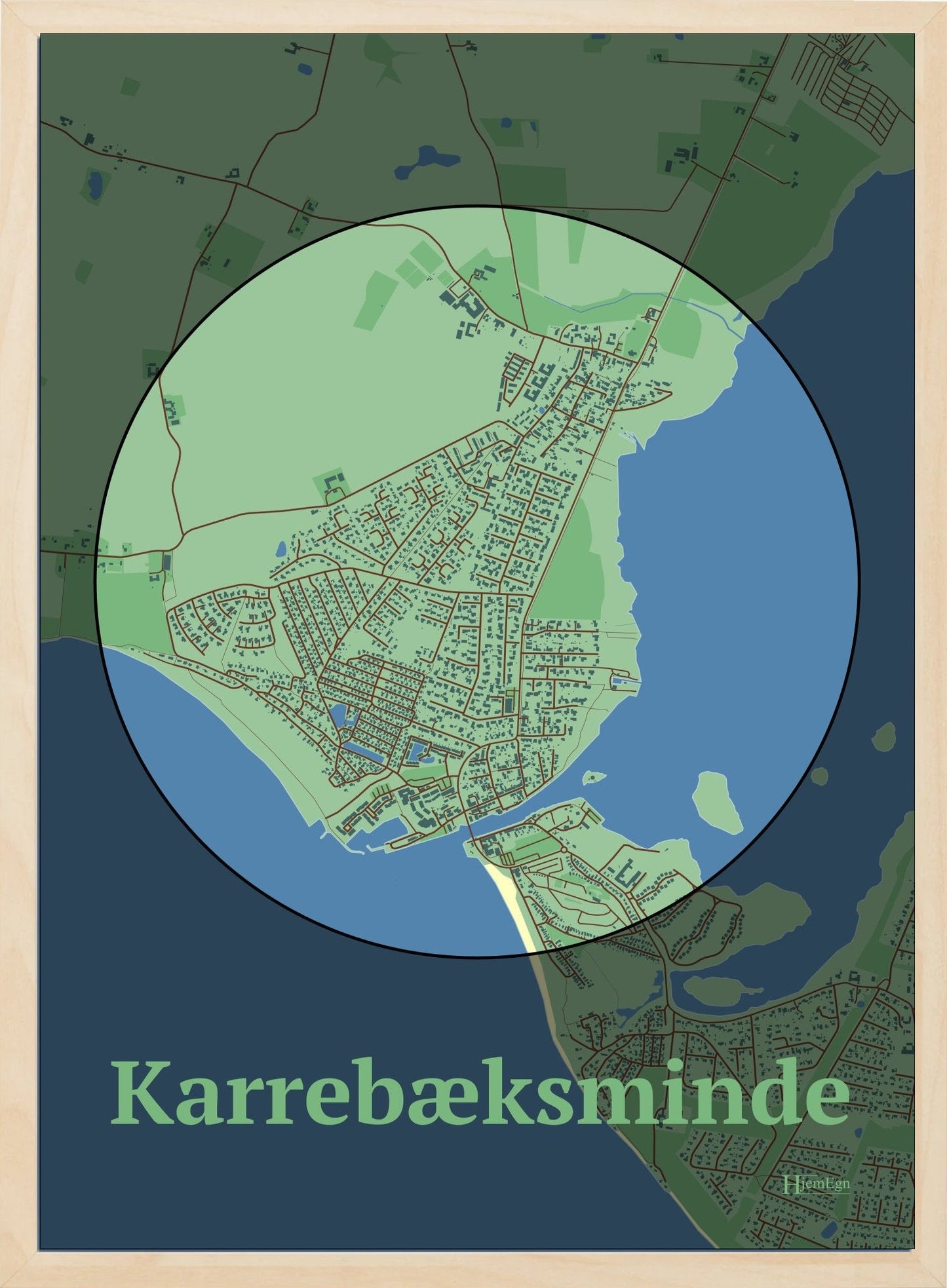 Karrebæksminde plakat i farve pastel grøn og HjemEgn.dk design centrum. Design bykort for Karrebæksminde