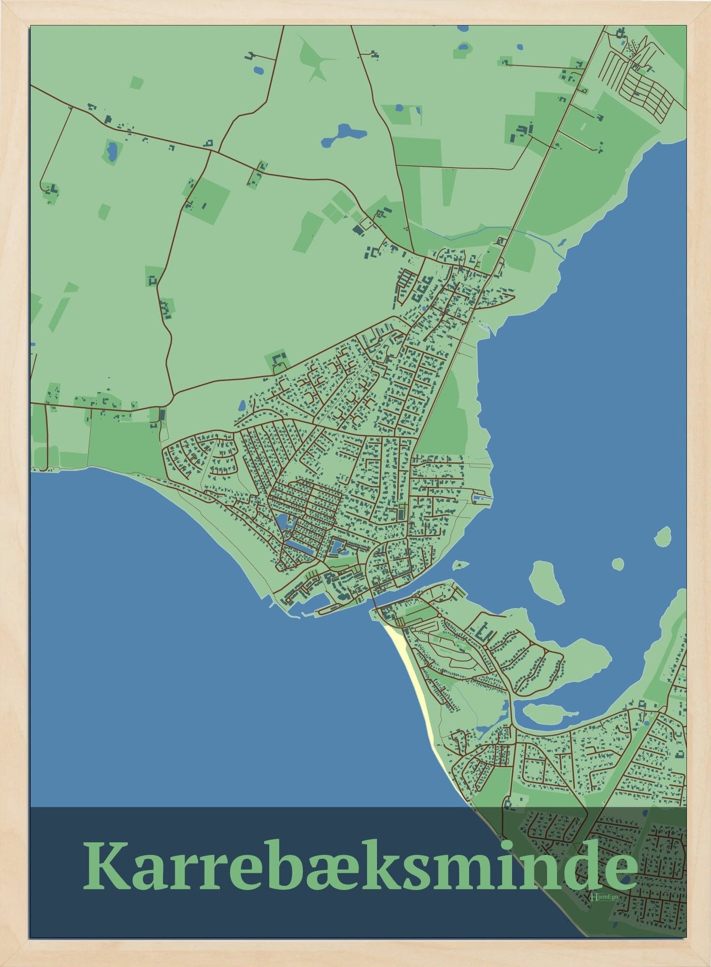Karrebæksminde plakat i farve pastel grøn og HjemEgn.dk design firkantet. Design bykort for Karrebæksminde