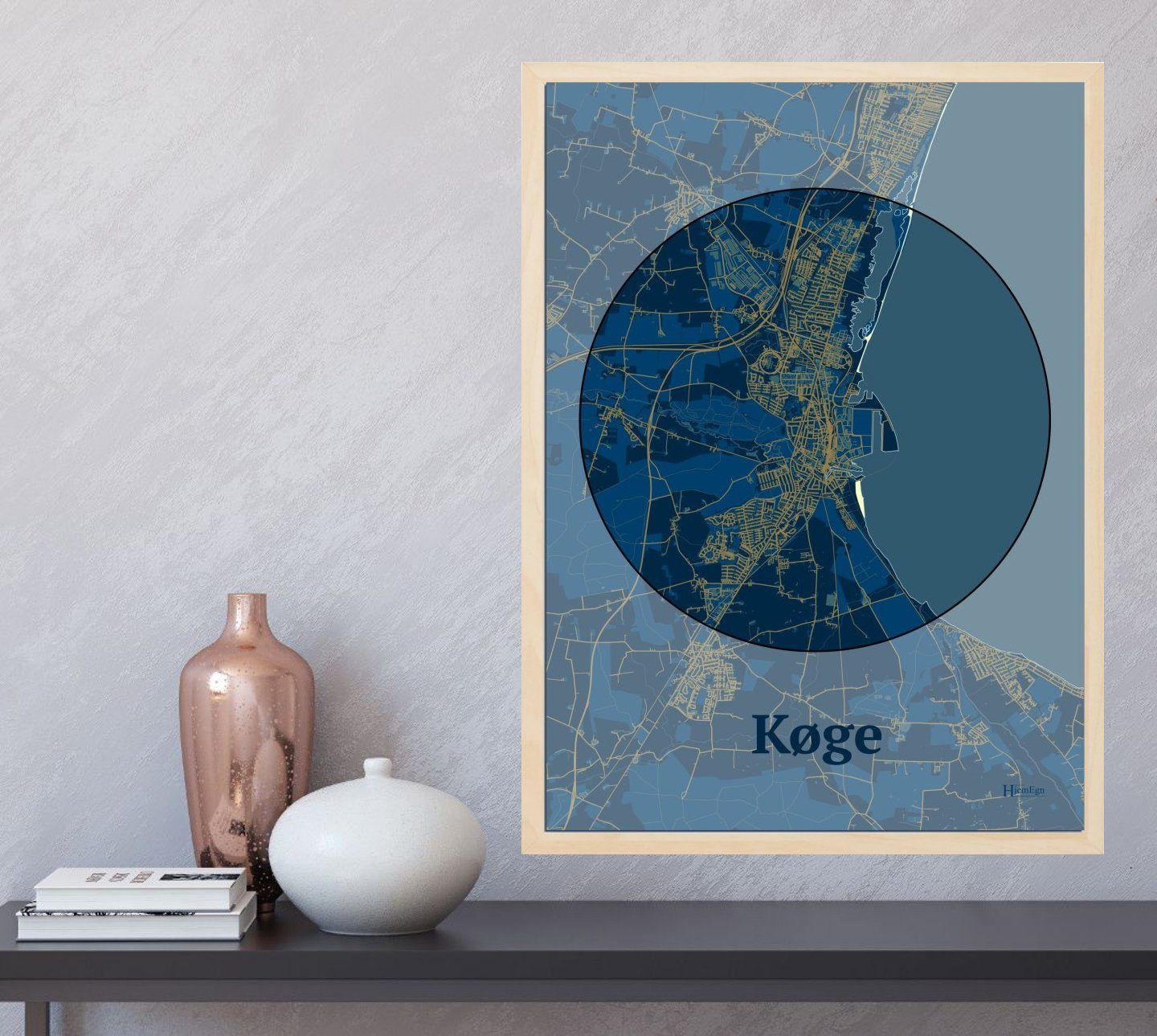 Køge plakat i farve og HjemEgn.dk design centrum. Design bykort for Køge