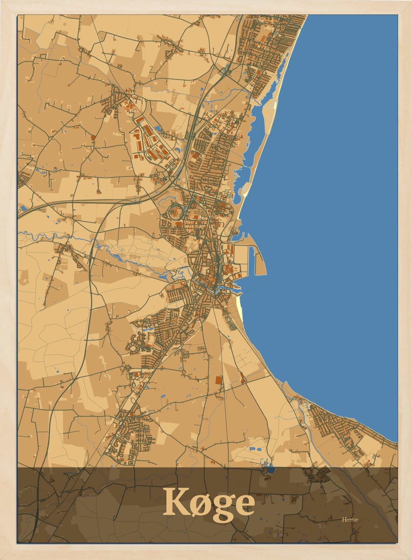Køge plakat i farve pastel brun og HjemEgn.dk design firkantet. Design bykort for Køge