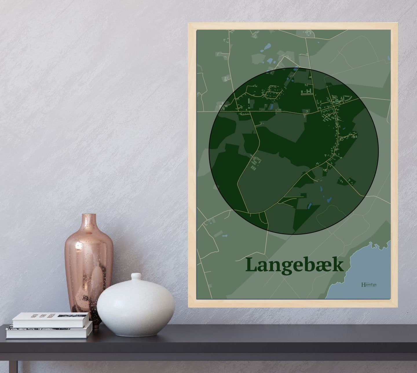 Langebæk plakat i farve og HjemEgn.dk design centrum. Design bykort for Langebæk
