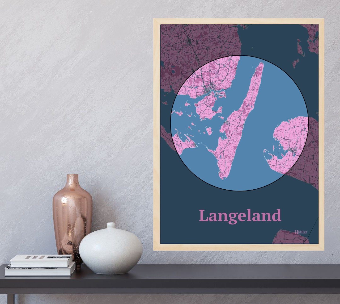 Langeland plakat i farve og HjemEgn.dk design centrum. Design ø-kort for Langeland