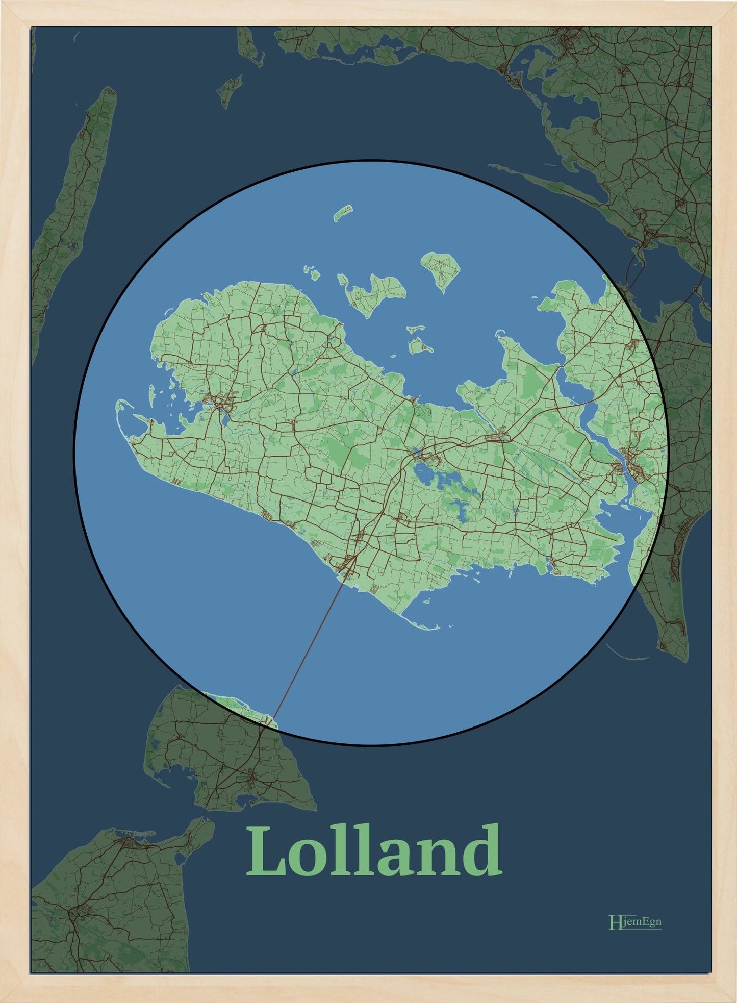 Lolland plakat i farve pastel grøn og HjemEgn.dk design centrum. Design ø-kort for Lolland