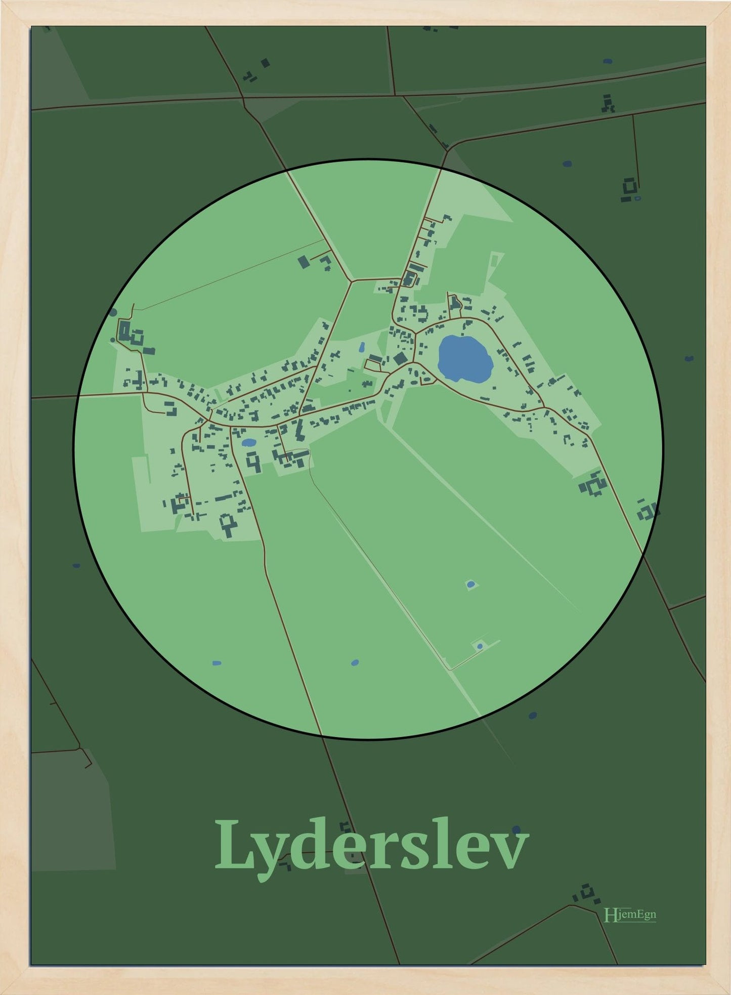 Lyderslev plakat i farve pastel grøn og HjemEgn.dk design centrum. Design bykort for Lyderslev