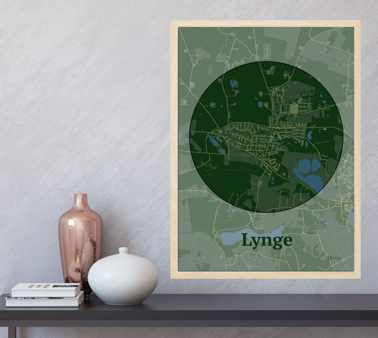 Lynge plakat i farve og HjemEgn.dk design centrum. Design bykort for Lynge
