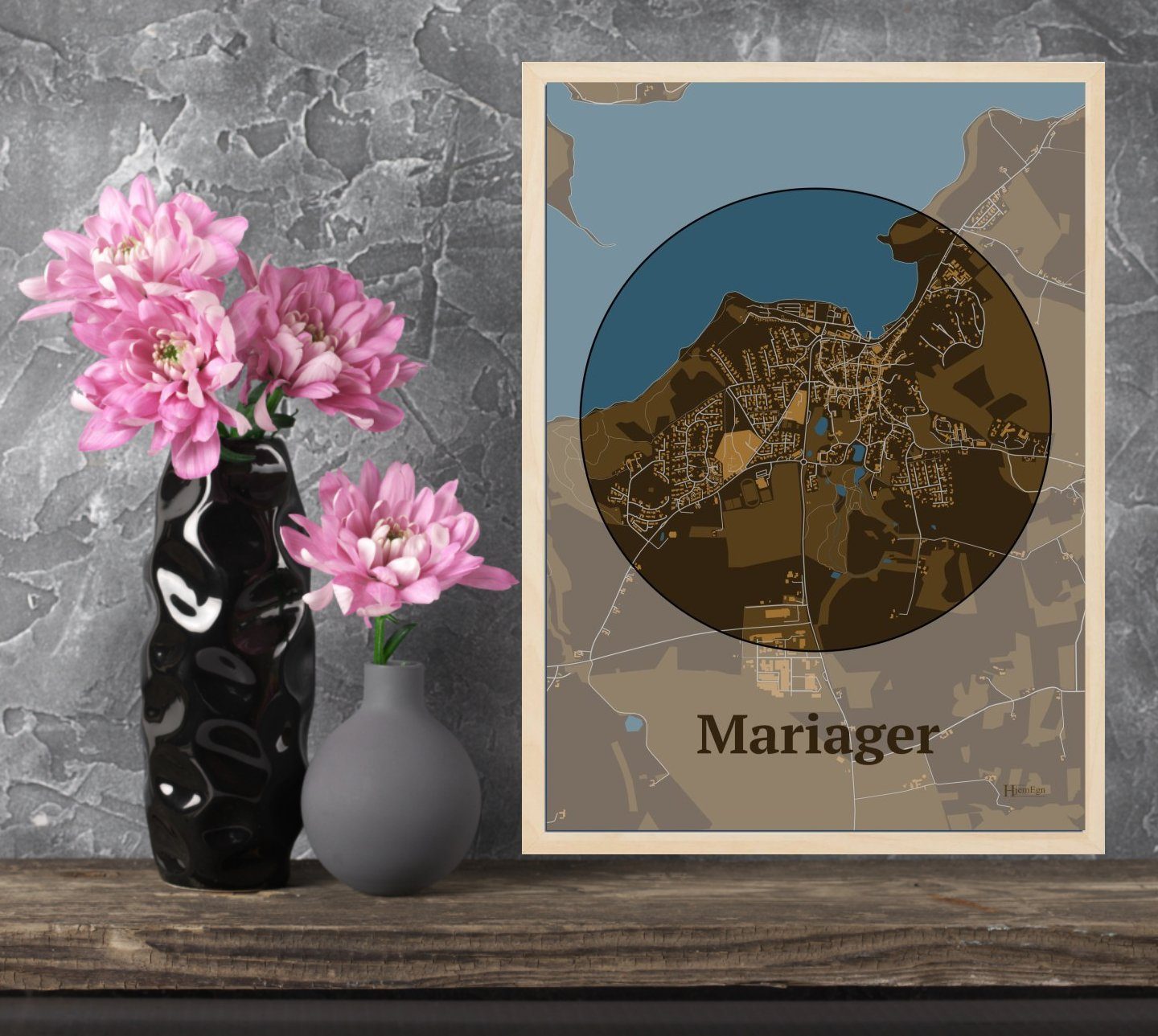 Mariager plakat i farve og HjemEgn.dk design centrum. Design bykort for Mariager
