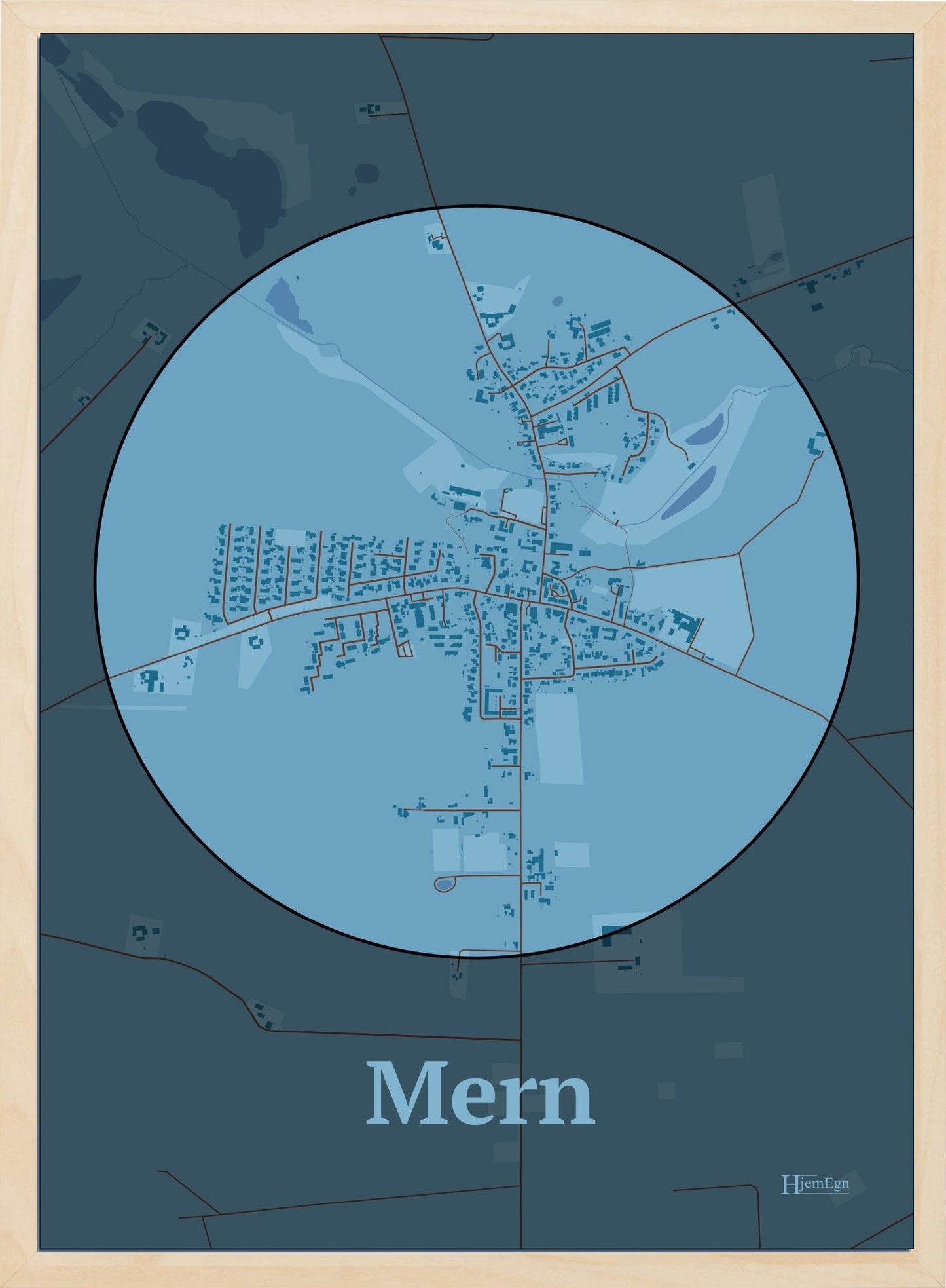 Mern plakat i farve pastel blå og HjemEgn.dk design centrum. Design bykort for Mern