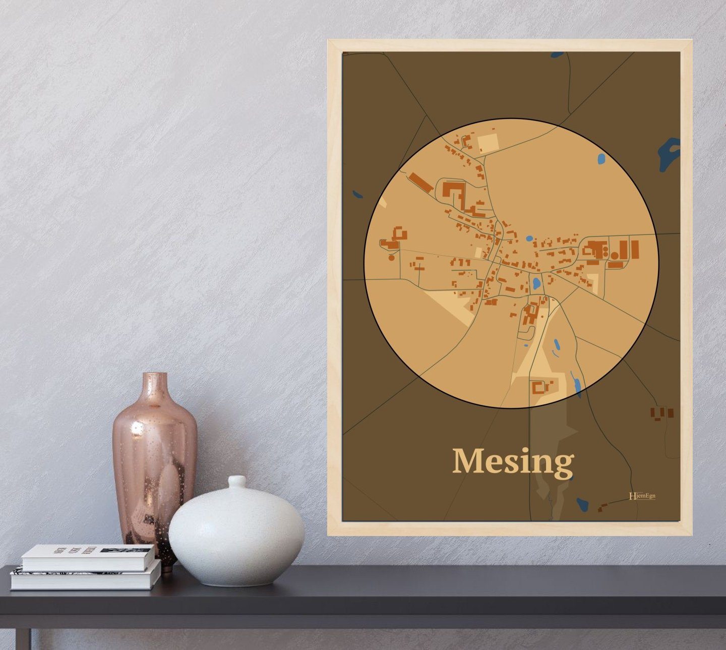 Mesing plakat i farve og HjemEgn.dk design firkantet. Design bykort for Mesing