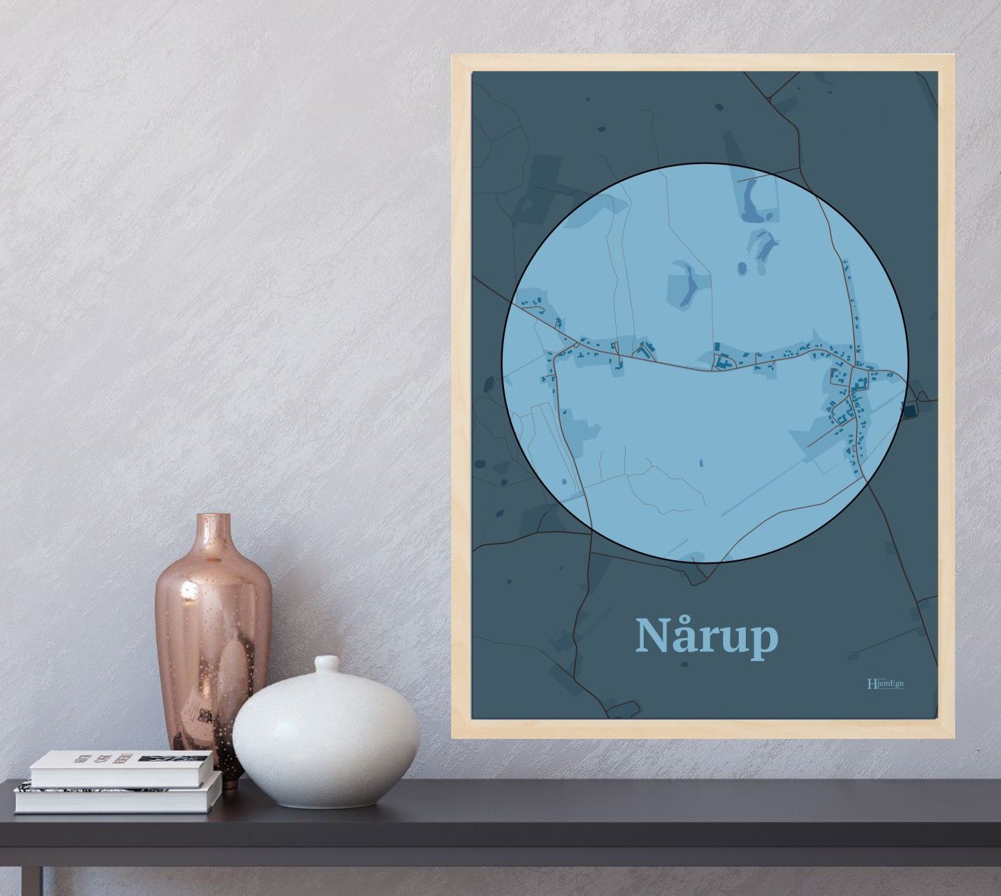 Nårup plakat i farve og HjemEgn.dk design centrum. Design bykort for Nårup