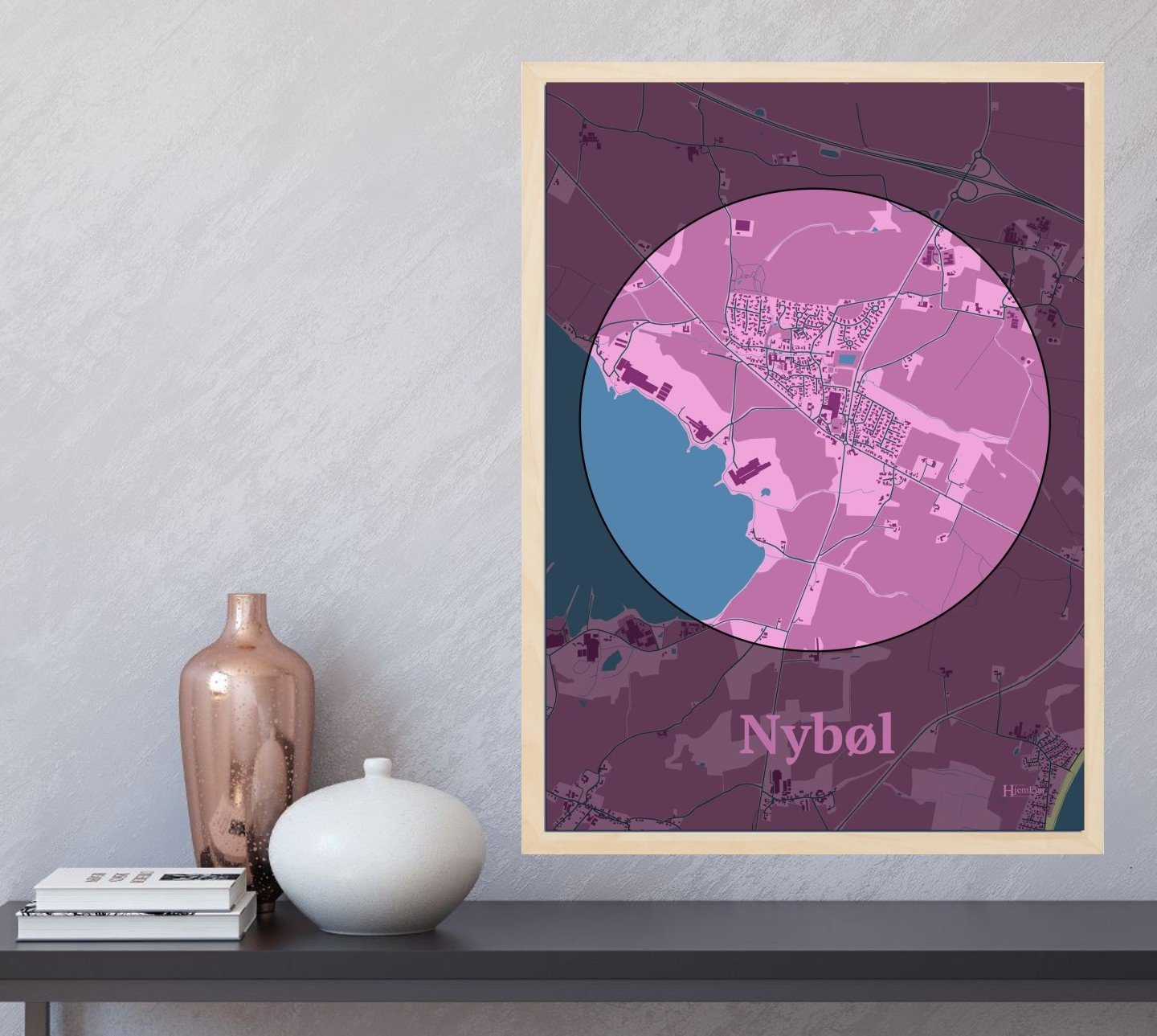 Nybøl plakat i farve og HjemEgn.dk design centrum. Design bykort for Nybøl